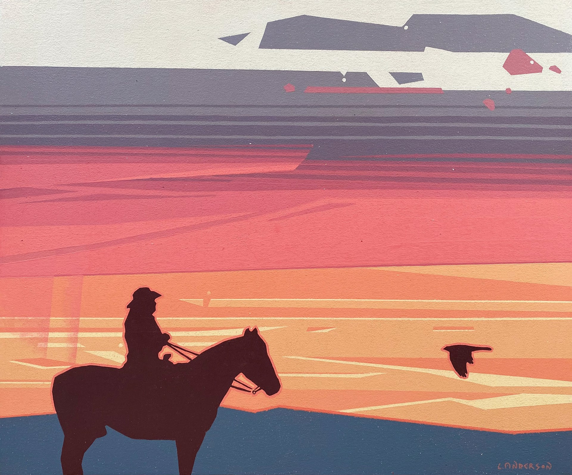 Original Painting By Luke Anderson Featuring A Silhouette Of A Cowboy On Horseback Against Graphic Gradient Sunset Landscape