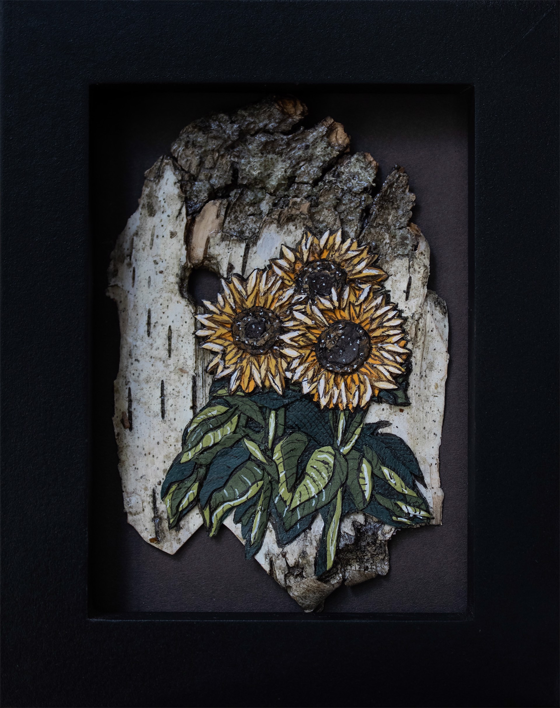 Sunflower Collage on Bark by Willow Bayer