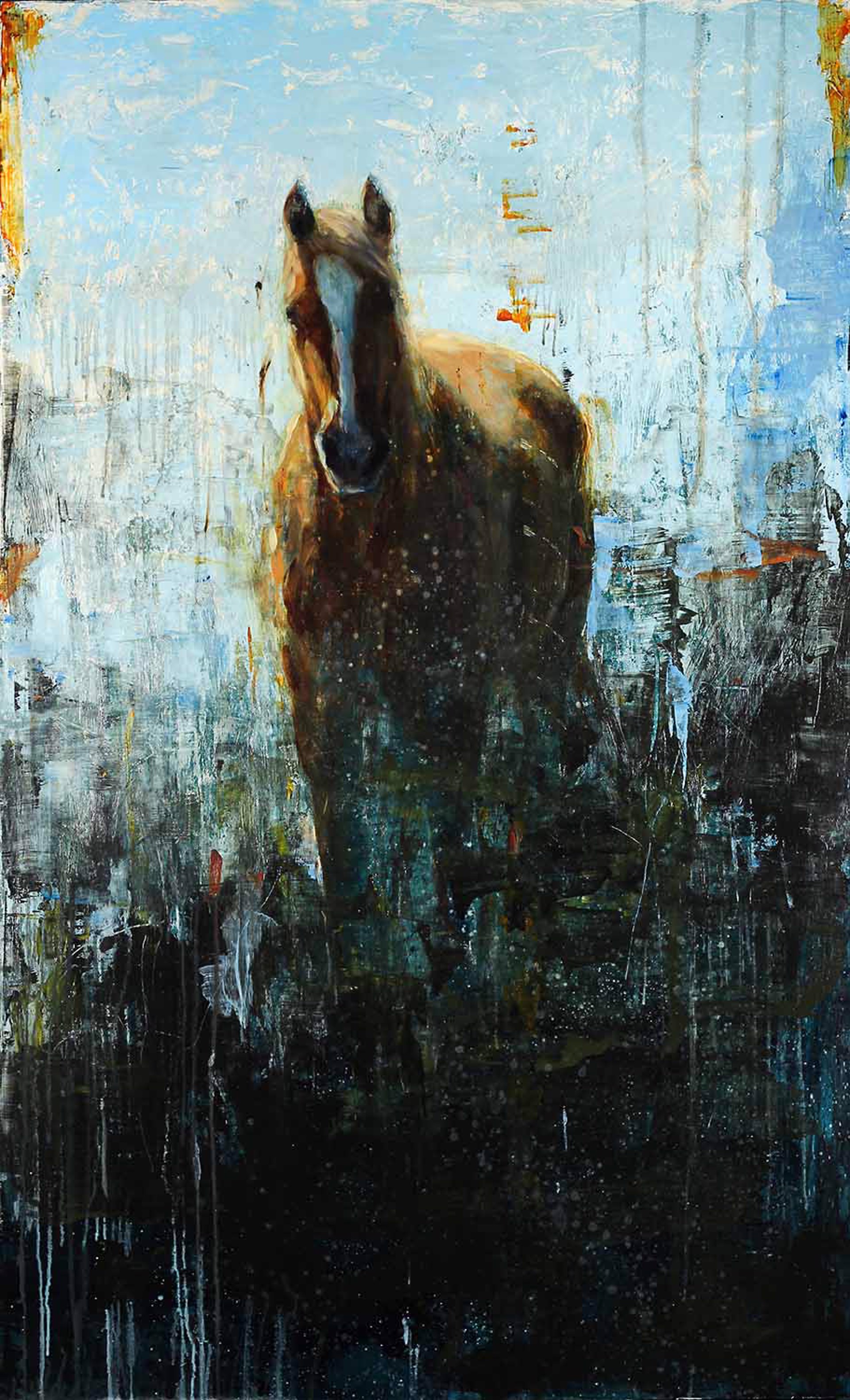 An Original Contemporary Fine Art Painting Of A Horse With A Blue and Black Abstract Background By Matt Flint Using Mixed Media On Panel