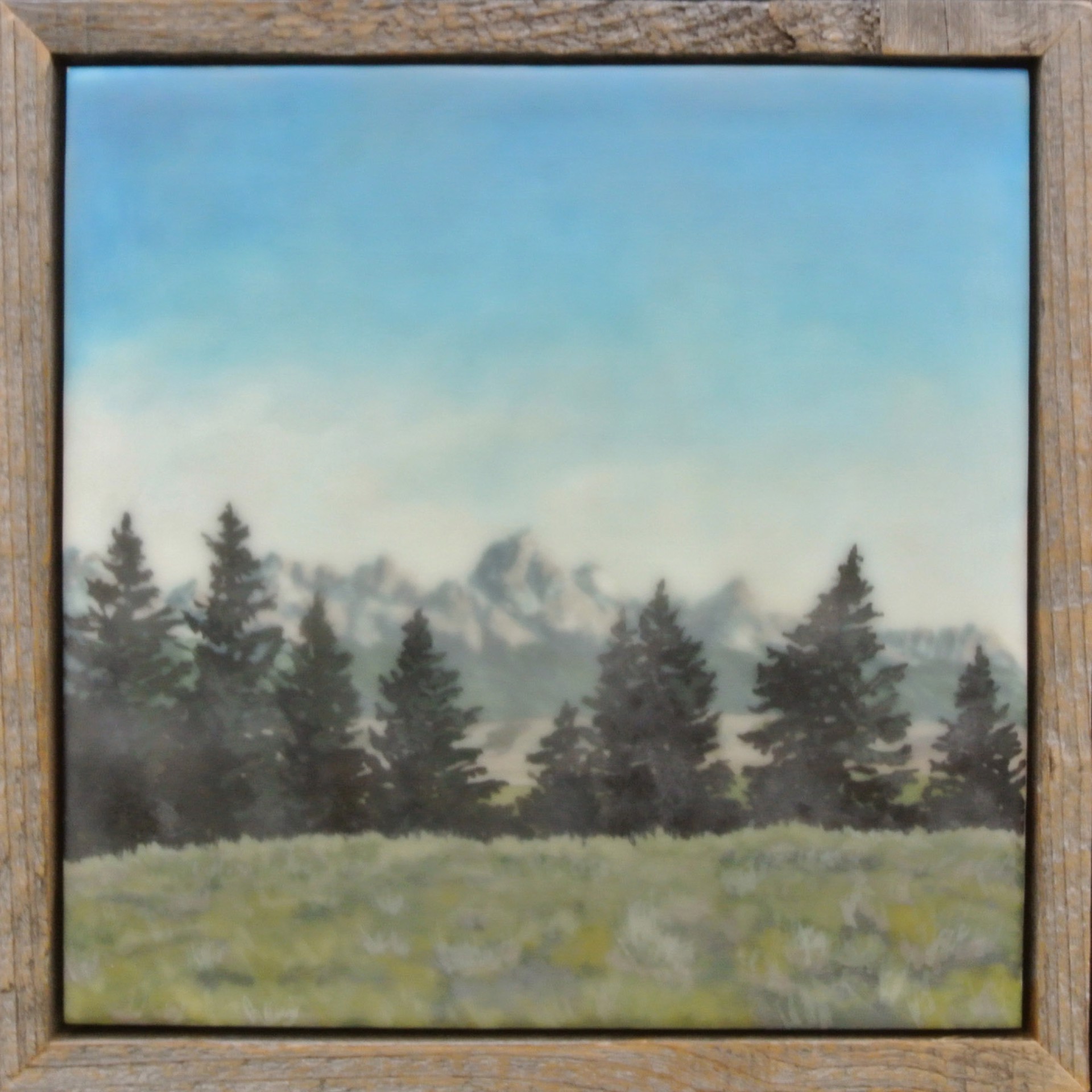 An Original Encaustic Painting Of The Teton Mountain Range And Valley Below, By Bridgette Meinhold