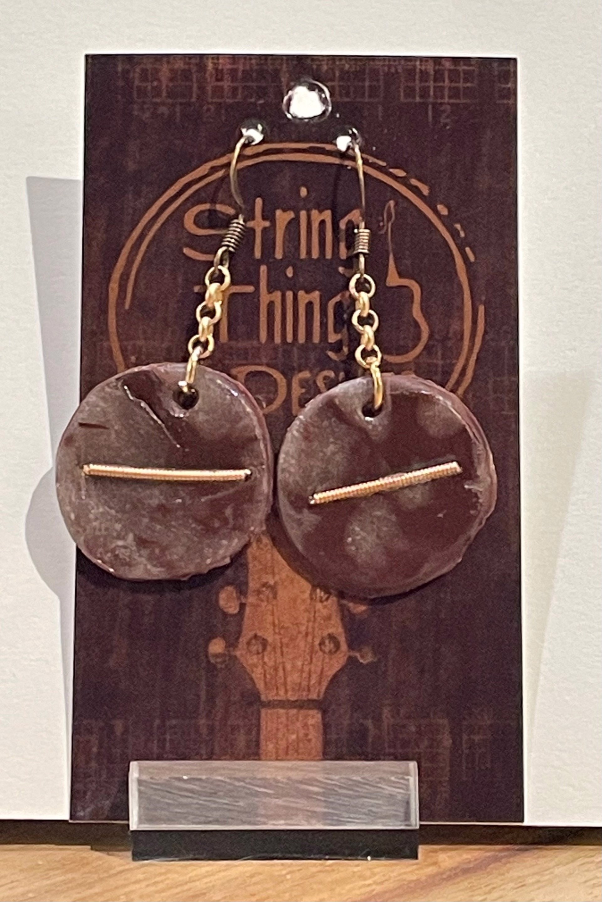 Brown Round Guitar String Earrings by String Thing Designs