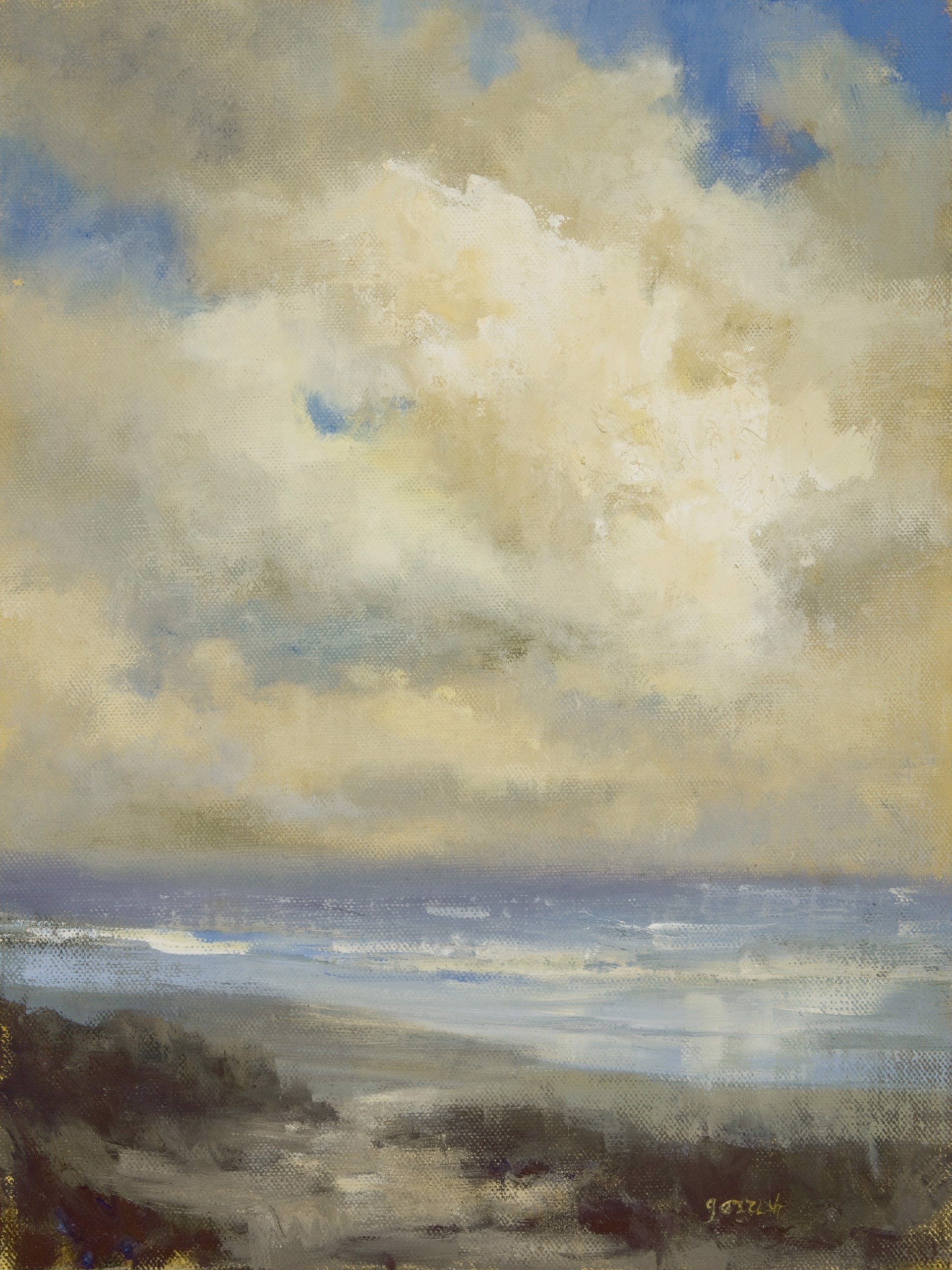 "Midday Cumulus Clouds Over the Beach" original oil painting by Mary Garrish