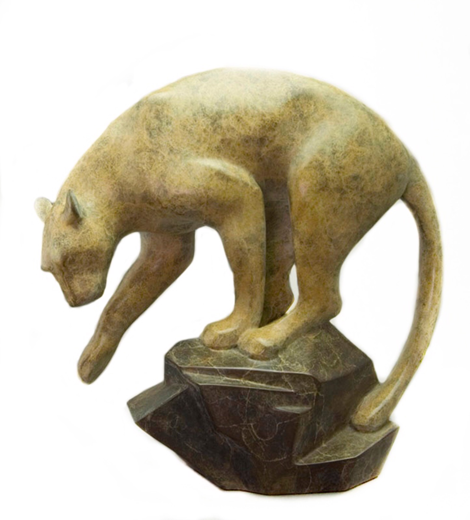 Bronze Sculpture of A Puma Mid Step Down A Rock With An Arched Back, By Kristine Taylor
