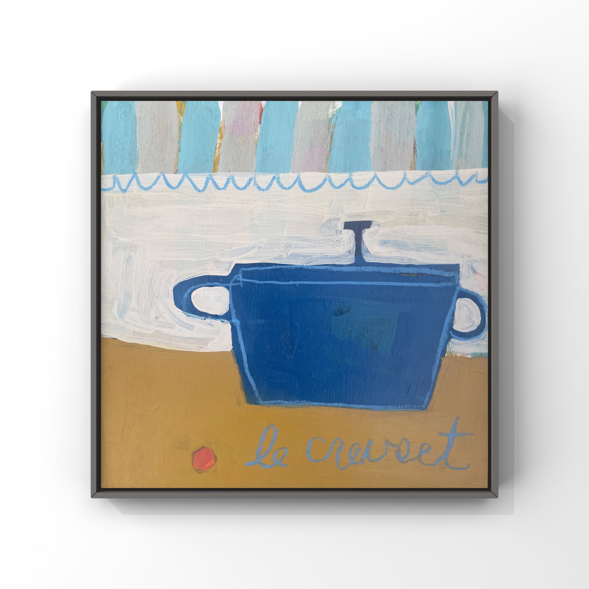 Blue Le Creuset with Striped Curtains and Orange by Rachael Van Dyke