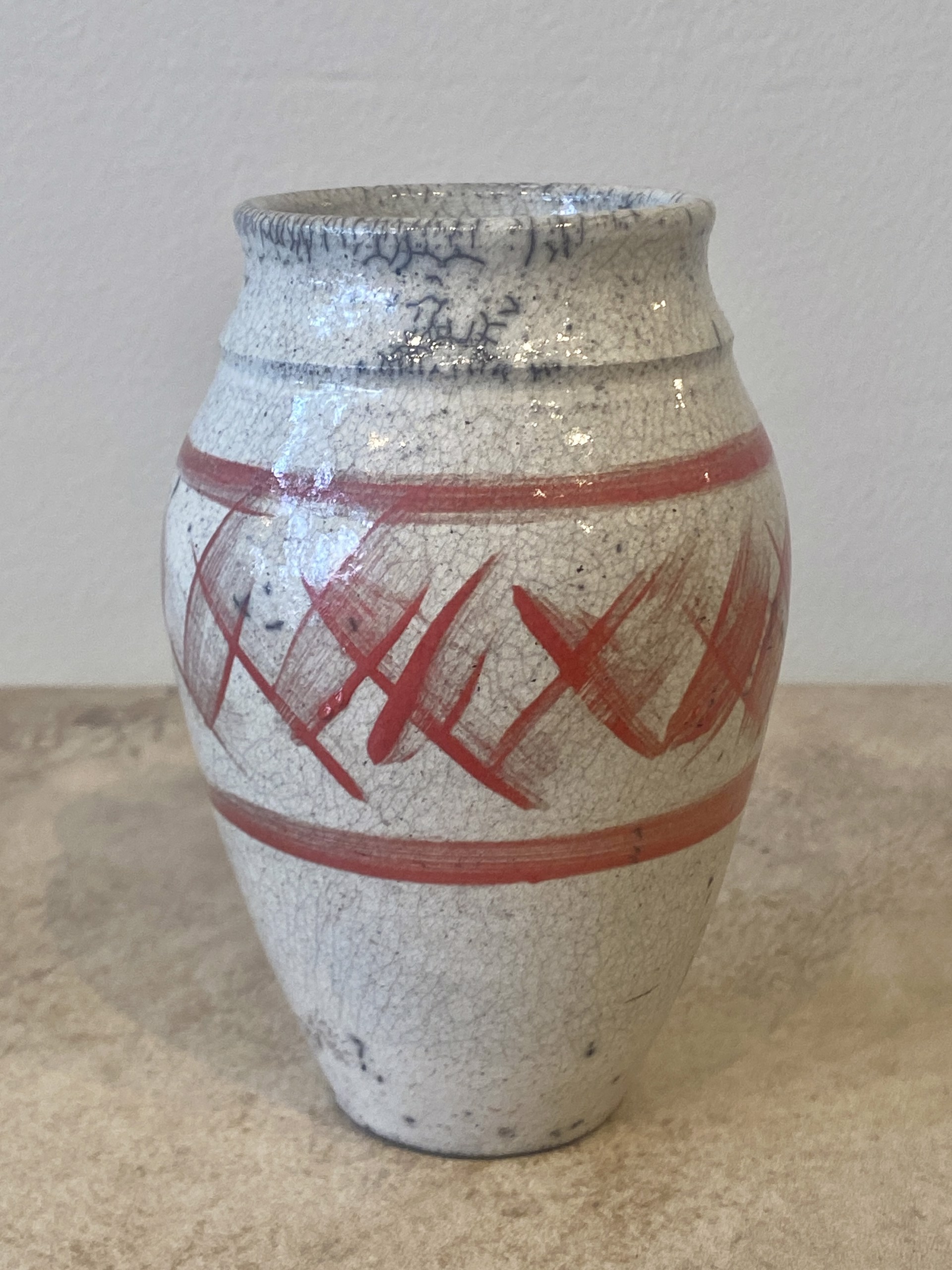 Red Brushed White Crackle Vase SB23-41 by Silas Bradley