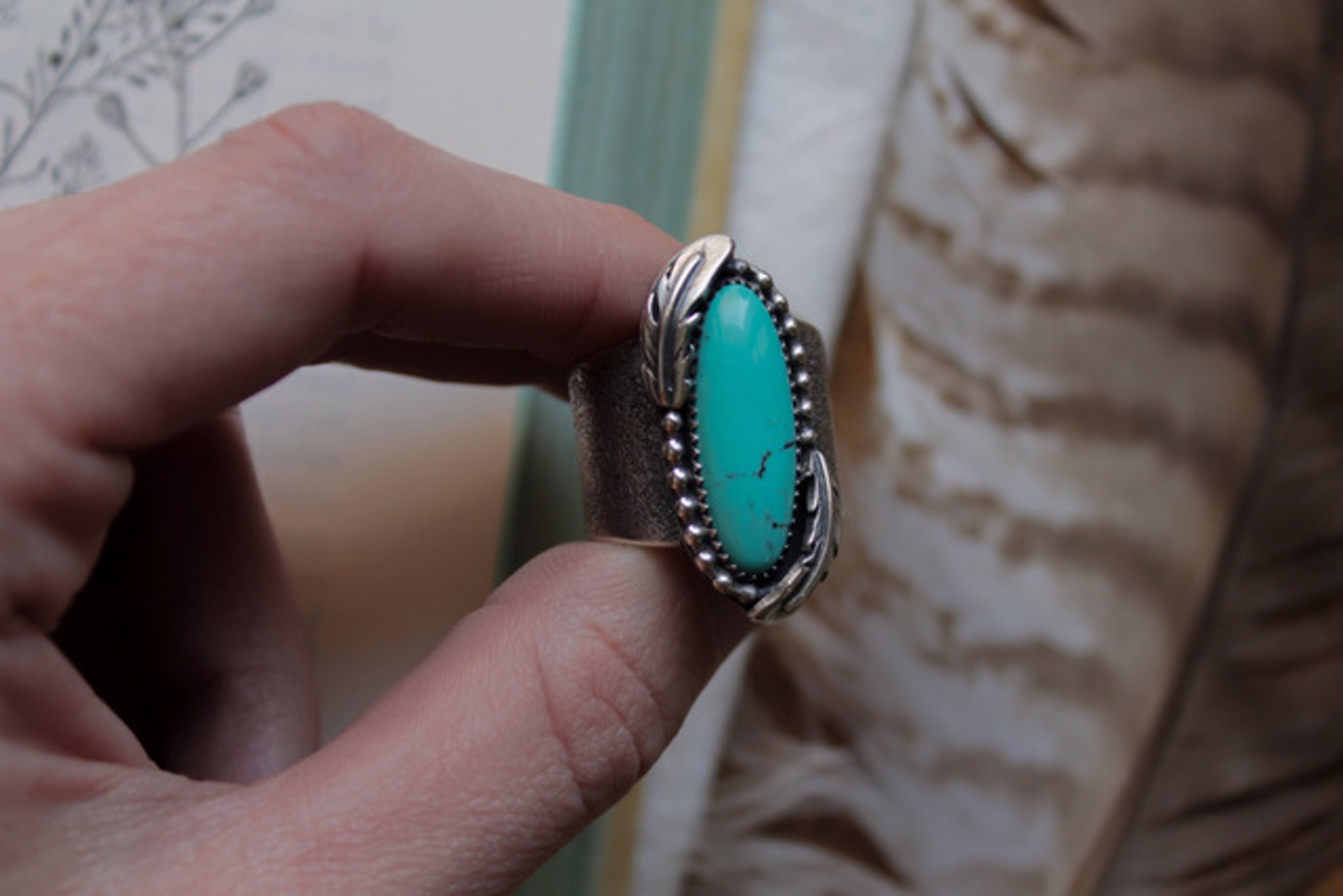 Feather Wide Band Turquoise Ring by Heather Swearingen
