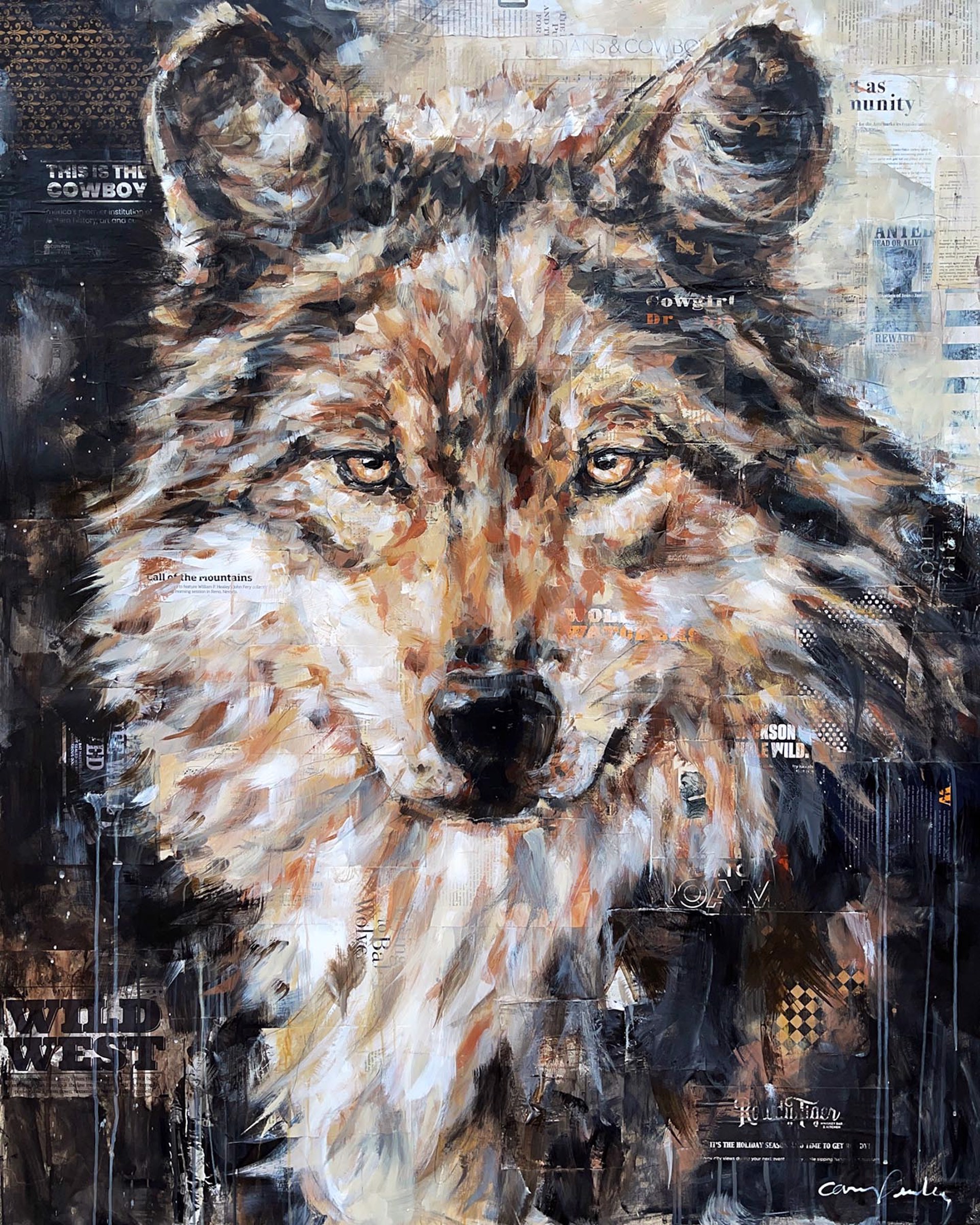 A Contemporary Collage and Acrylic Painting Of A Wolf Head By Carrie Penley At Gallery Wild
