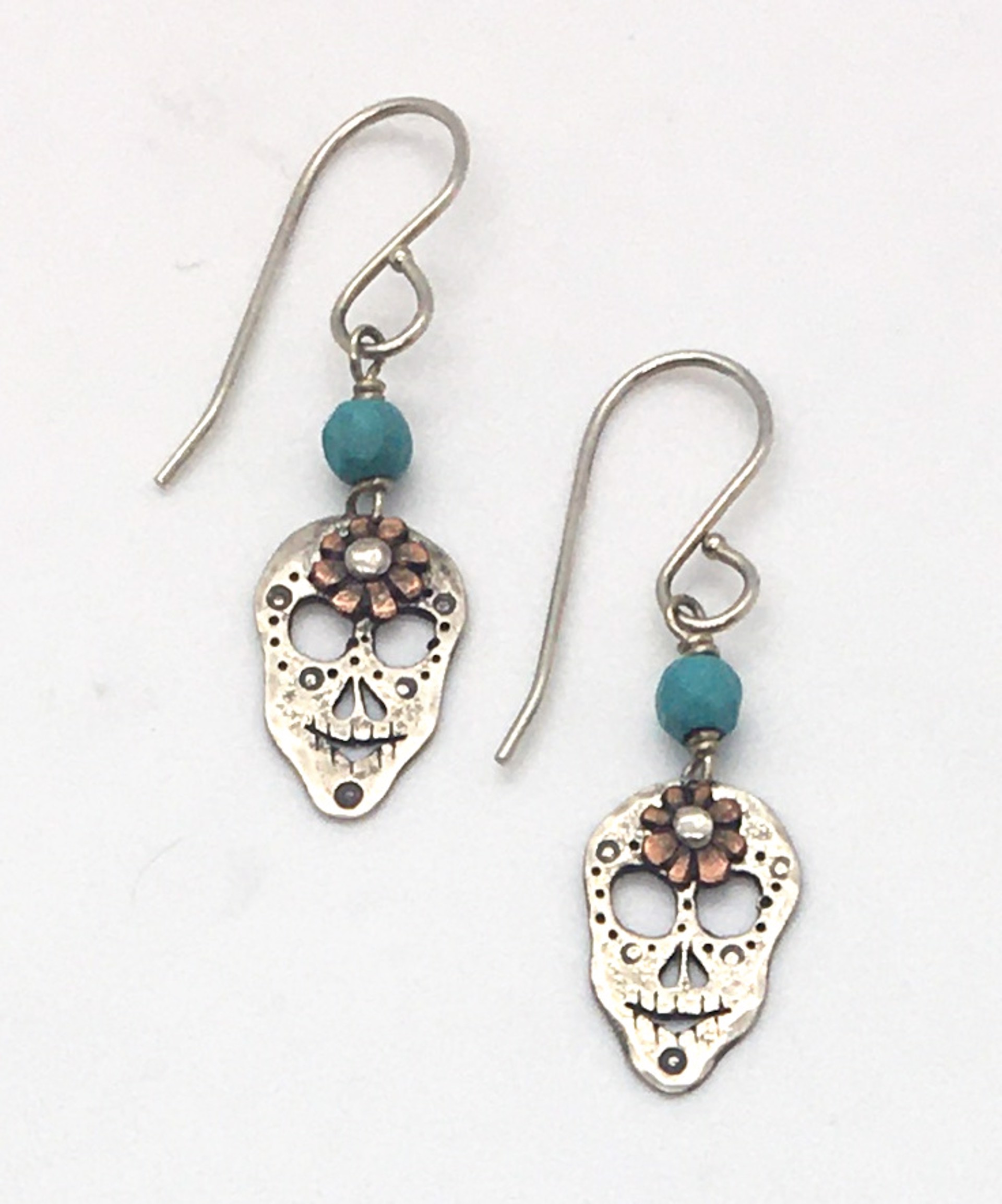 Handmade Riveted Silver and Copper with Turquoise Sugar Skull Earrings by Grace Ashford