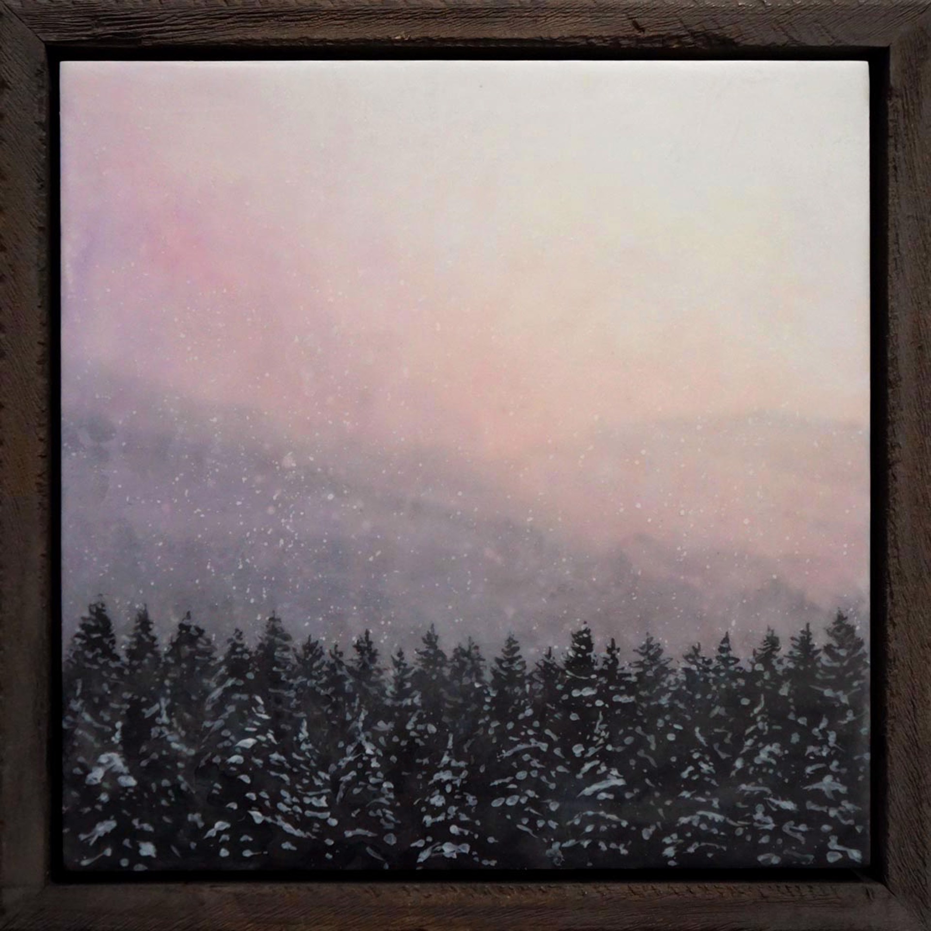Original Encaustic Painting By Bridgette Meinhold Pink Hue On A Mountain Landscape Winter Scene Snow Falling