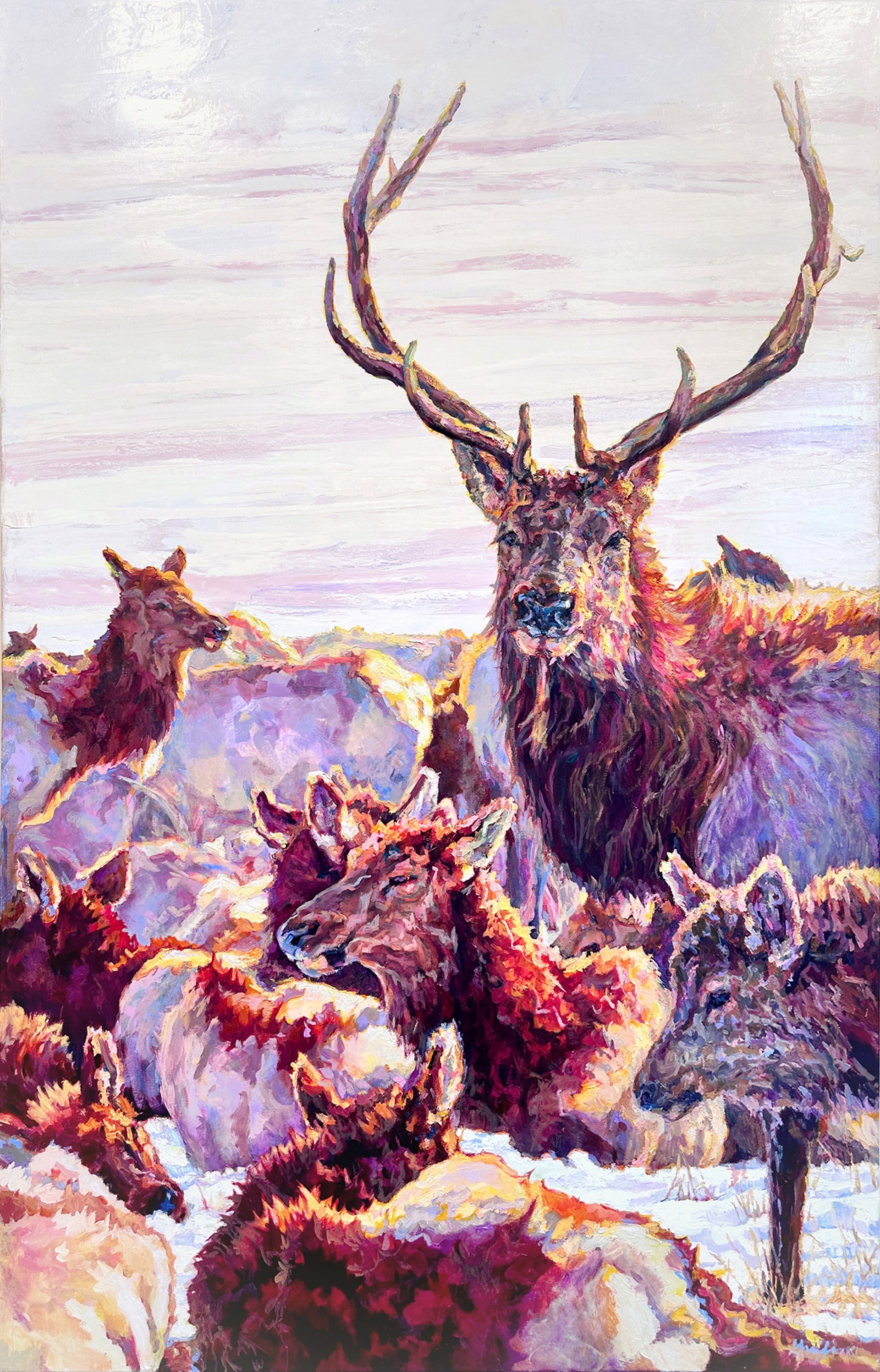 Oil Painting On Linen Of Elk With Pink And Purple Hues