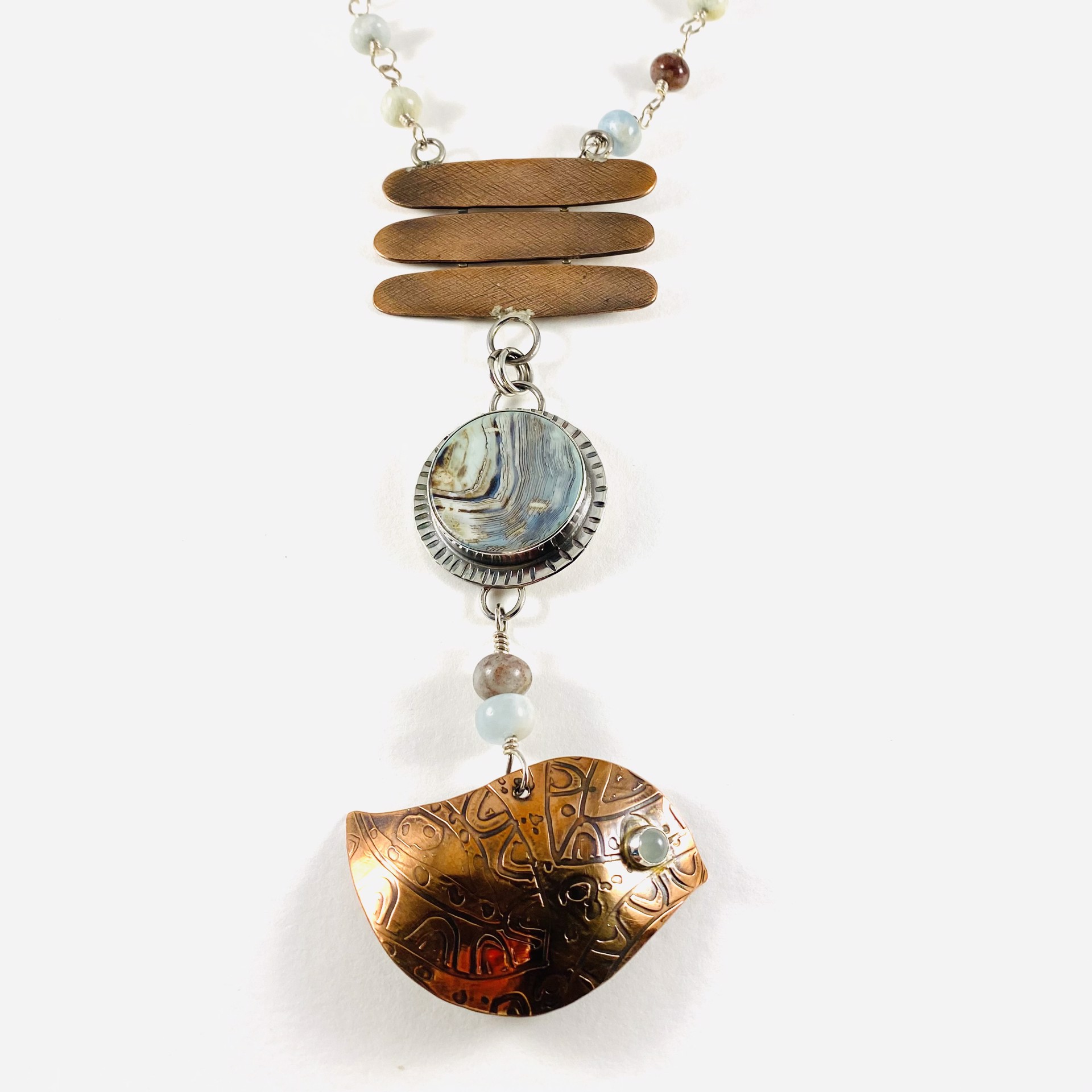 Terra Agate Aquamarine Copper  (5.5")Pendant on 25"Beaded Chain Necklace by Anne Bivens