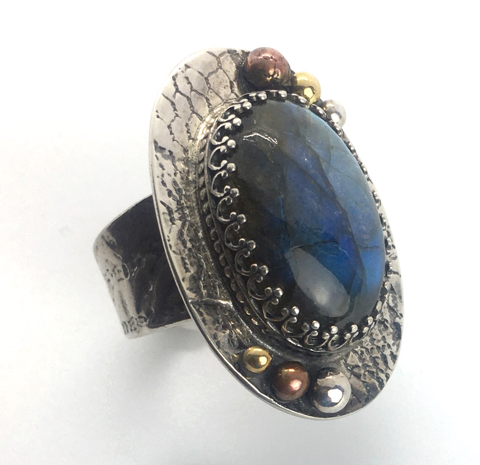Labradorite Ring in Sterling Silver with 18K gold and Copper Accents by Sarah Foster