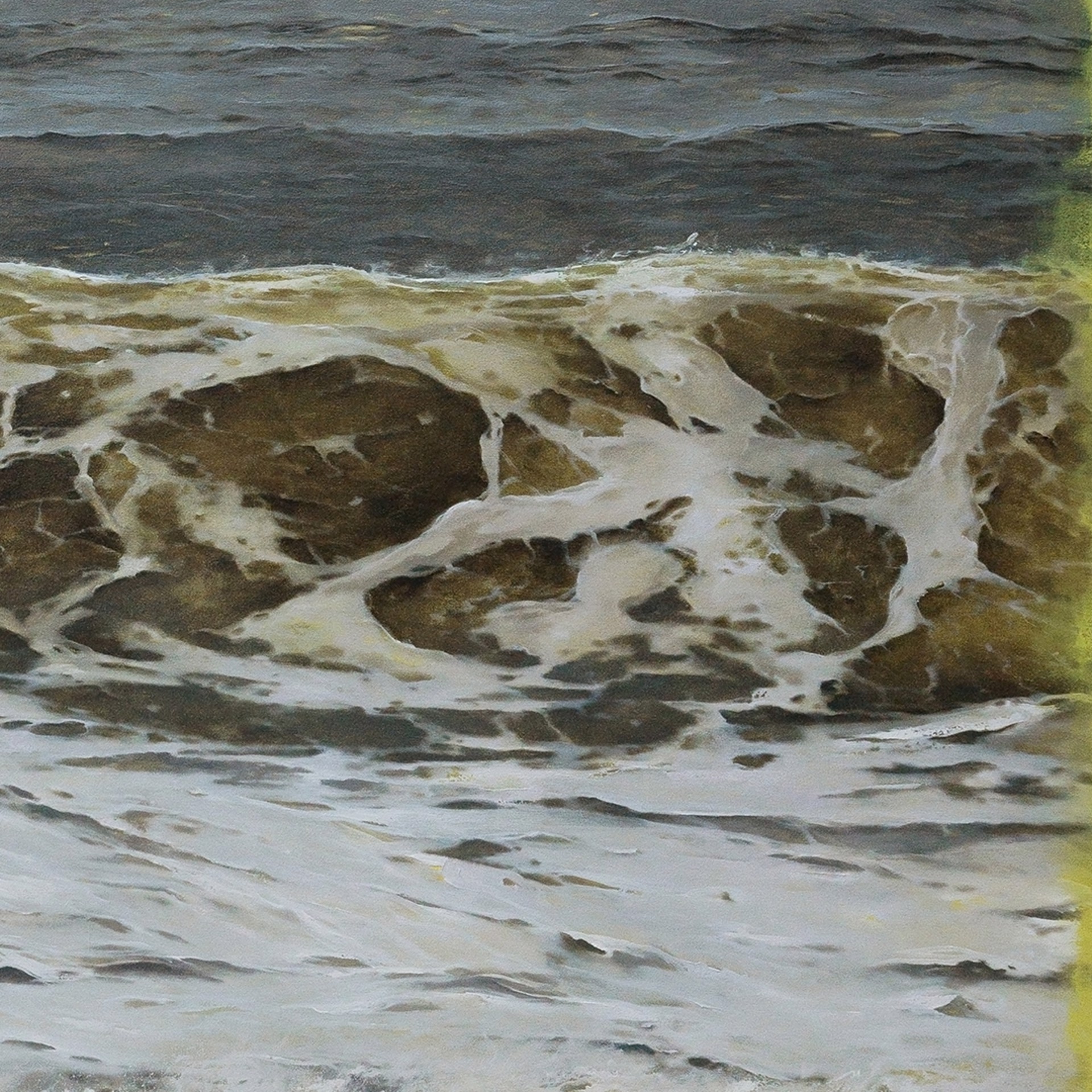 "White Noise," an oil painting by Adam Hall depicting an atmospheric seascape with crashing waves under a stormy sky.