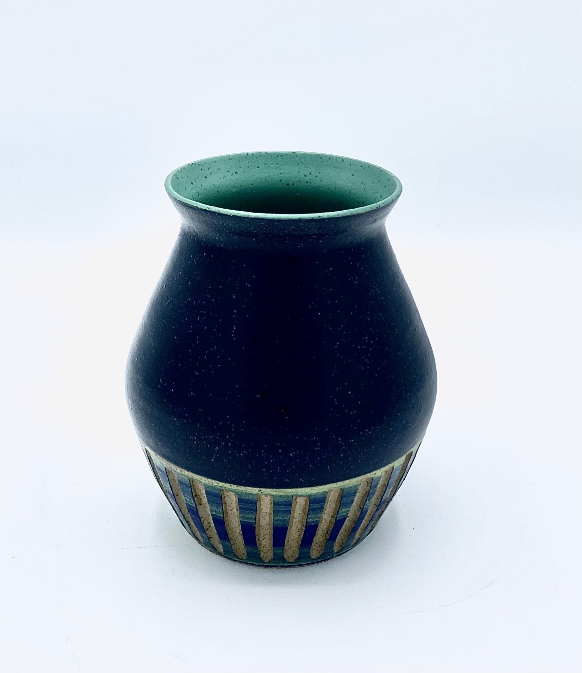 Black Matte and Teal Glaze Carved Vase by Messy Pots Pottery