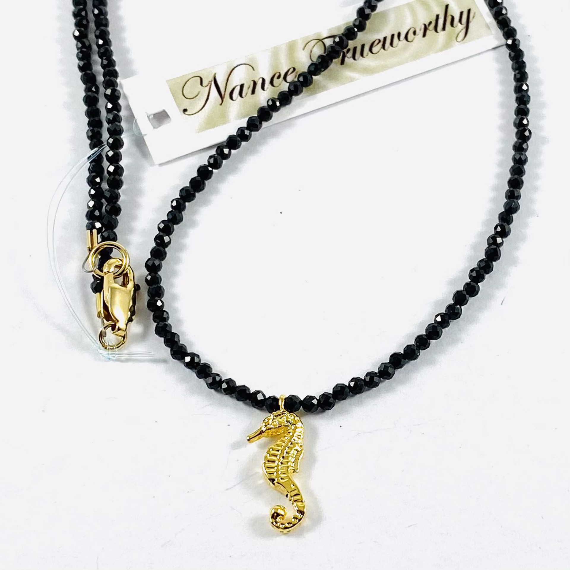 NT21-32 Black Faceted Spinel 16"Necklace Tiny Vermeil Seahorse Pendant by Nance Trueworthy