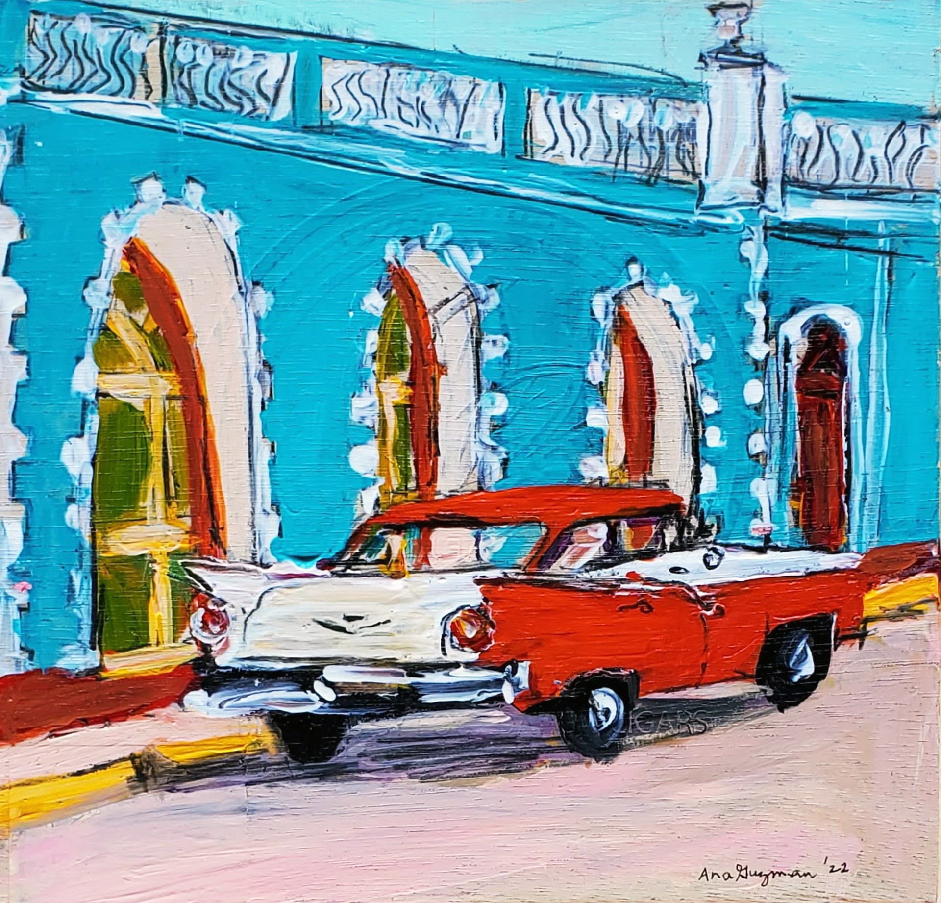 Red and White Car/Blue Building - Cigar Box by Ana Guzman