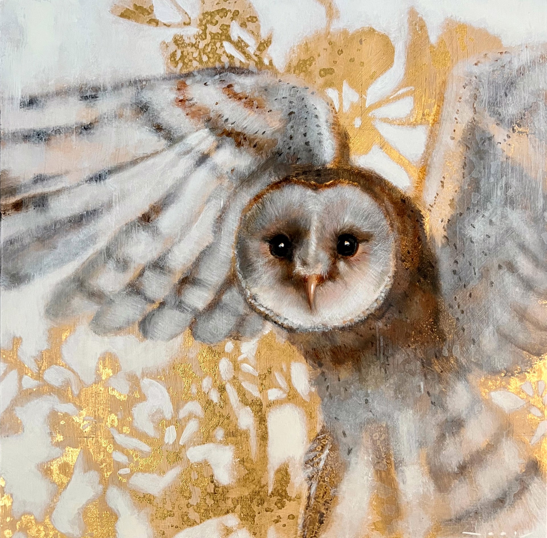 Original Mixed Media Painting By Nealy Riley Featuring A Barn Owl Over Gold And White Background