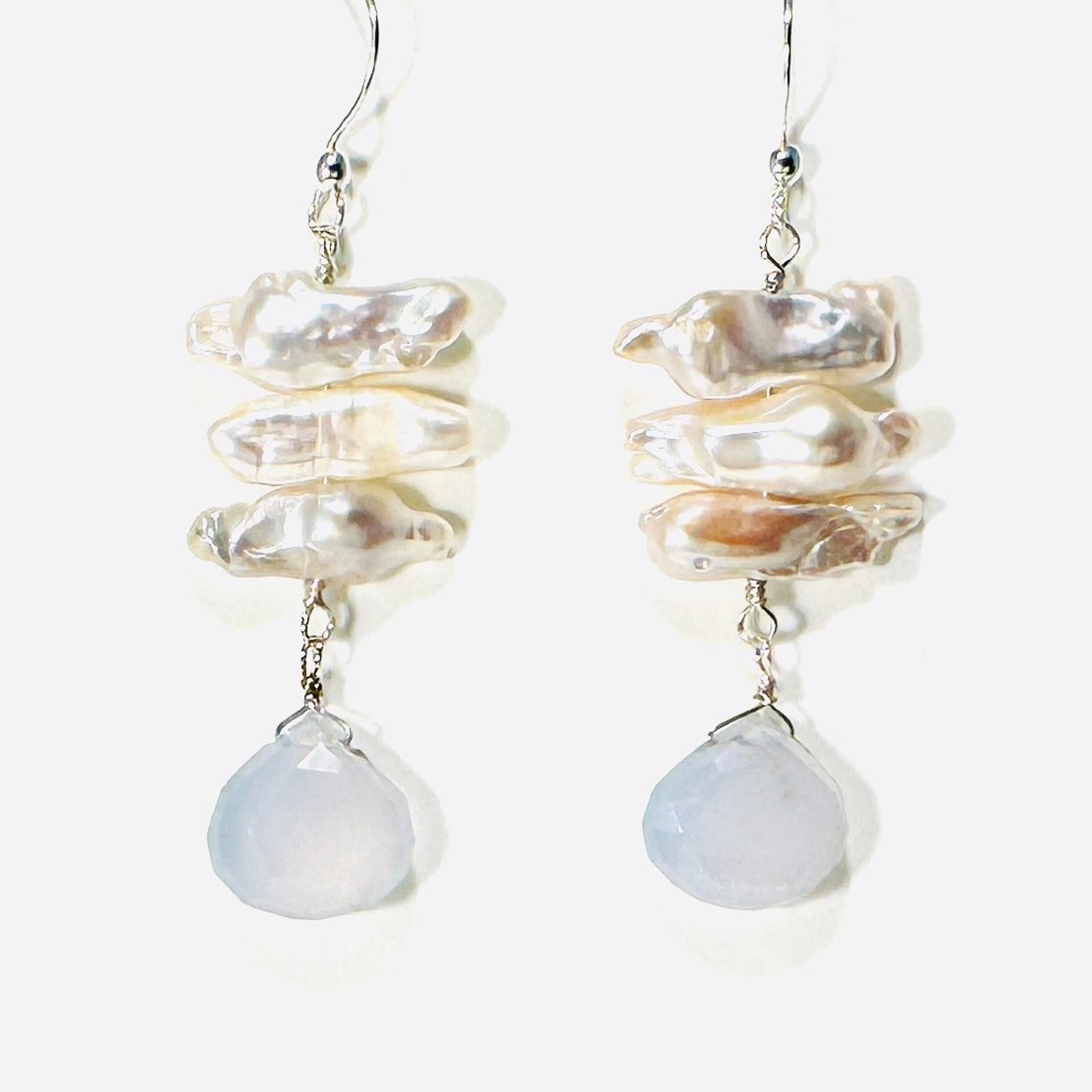 Faceted Chalcedony, Biwa Pearl Earrings LR24-13 by Legare Riano