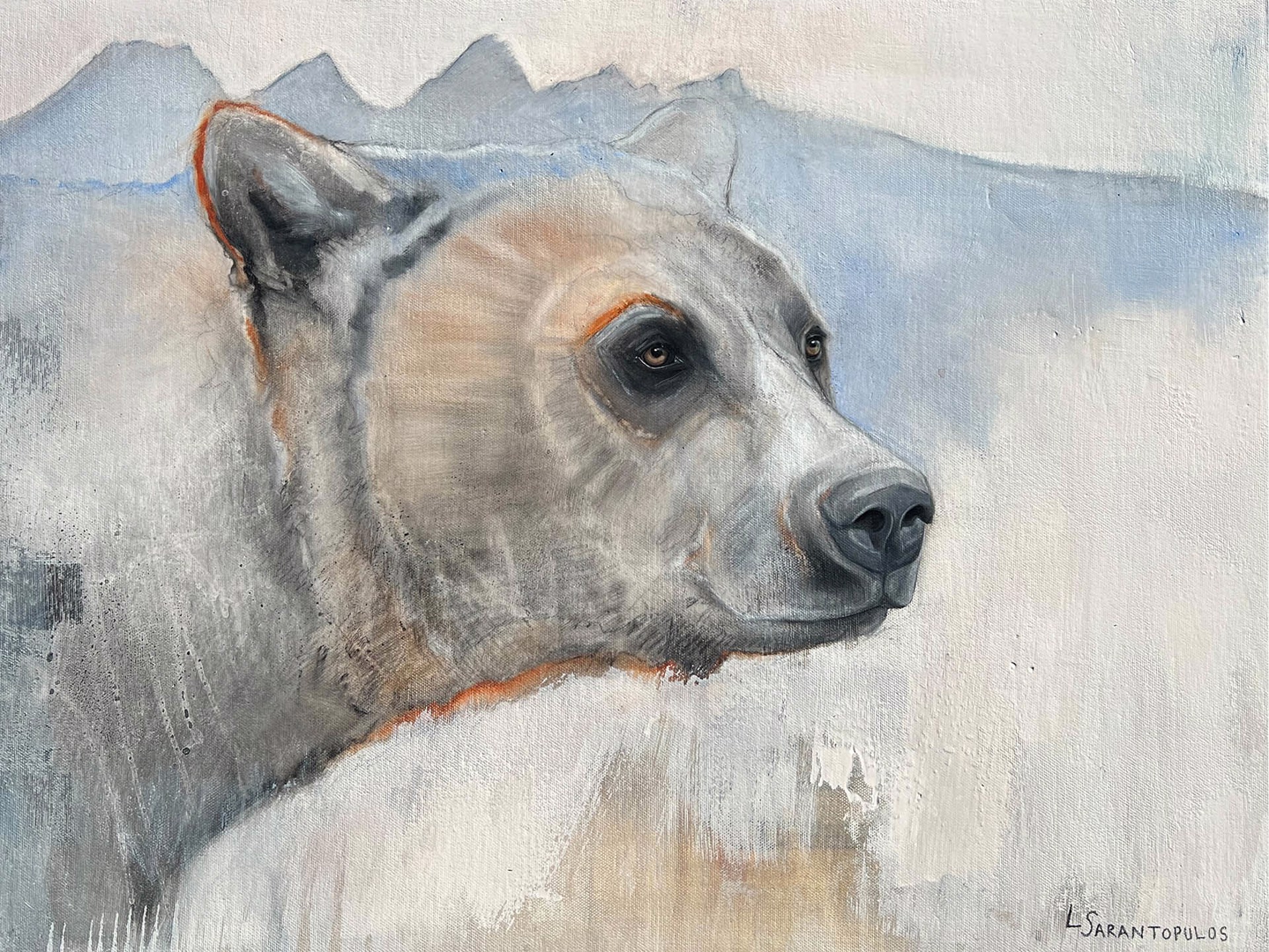 Original Mixed Media Painting Featuring A Bear Portrait In Profile With Blue Teton Mountain Range In Background