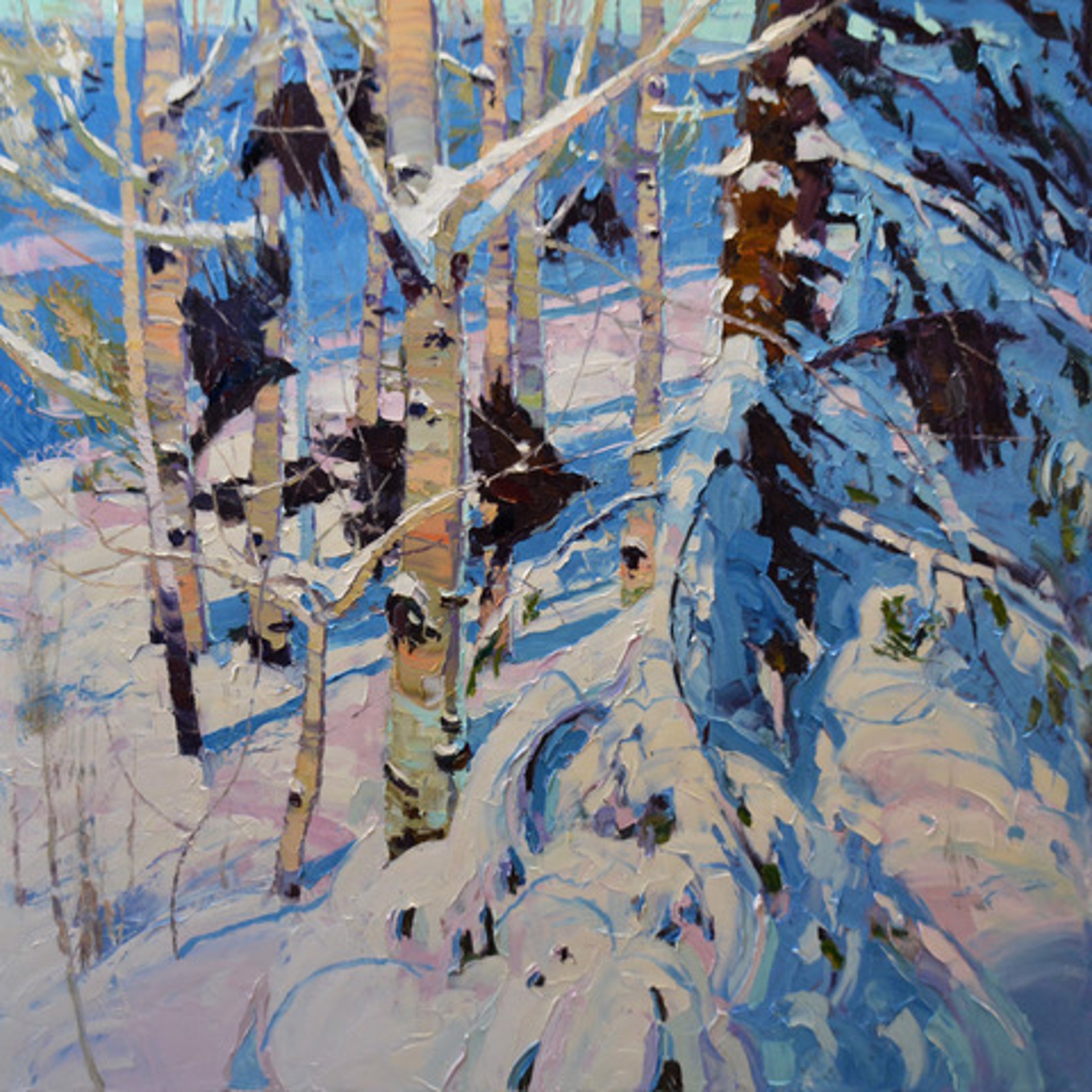 Original Oil Painting Of A Snowy Aspen Forest With Crows Taking Off In A Colorful Contemporary Style