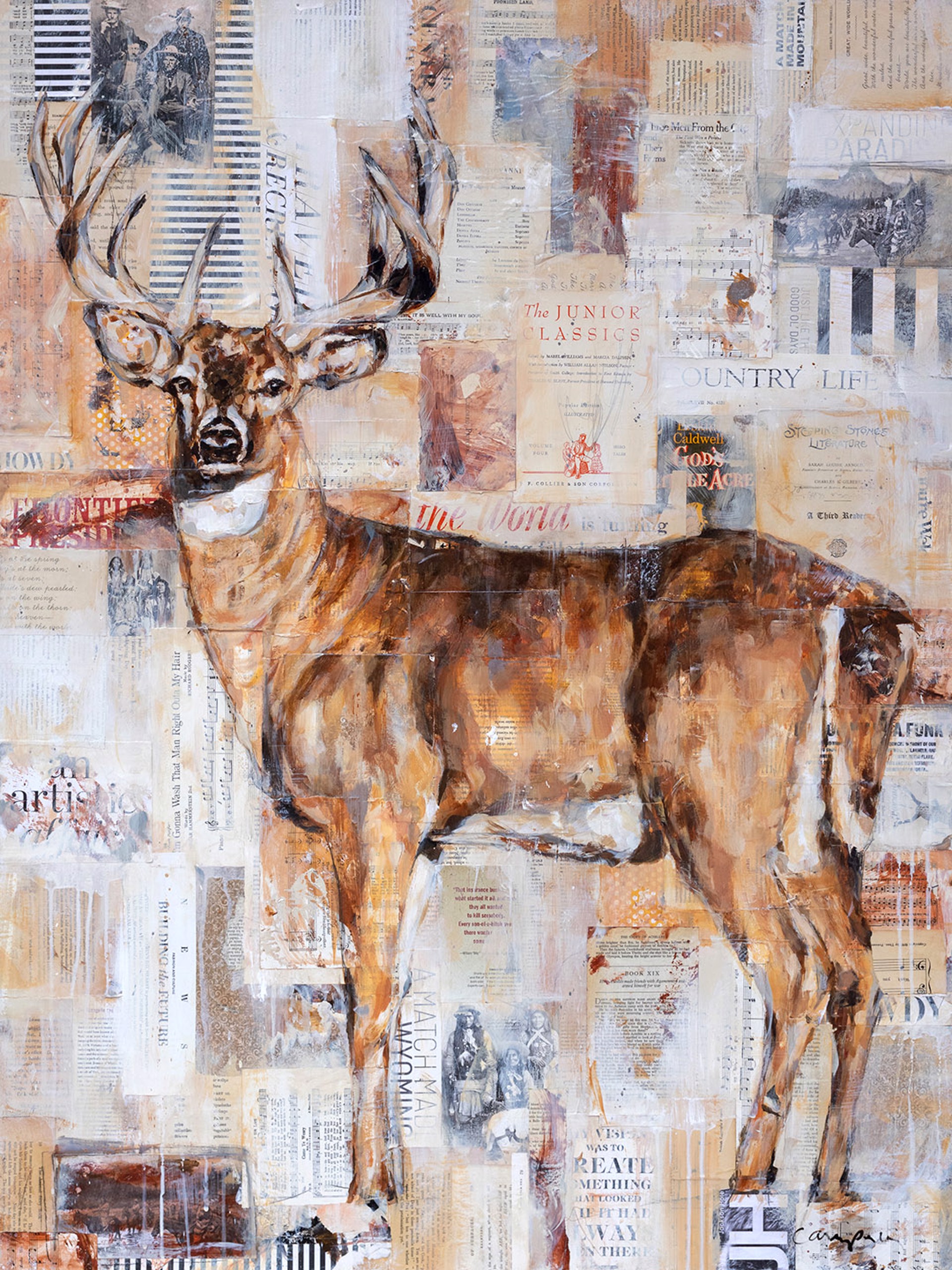 Original Mixed Media Painting By Carrie Penley Featuring A Whitetail Buck With Vintage Collage Details