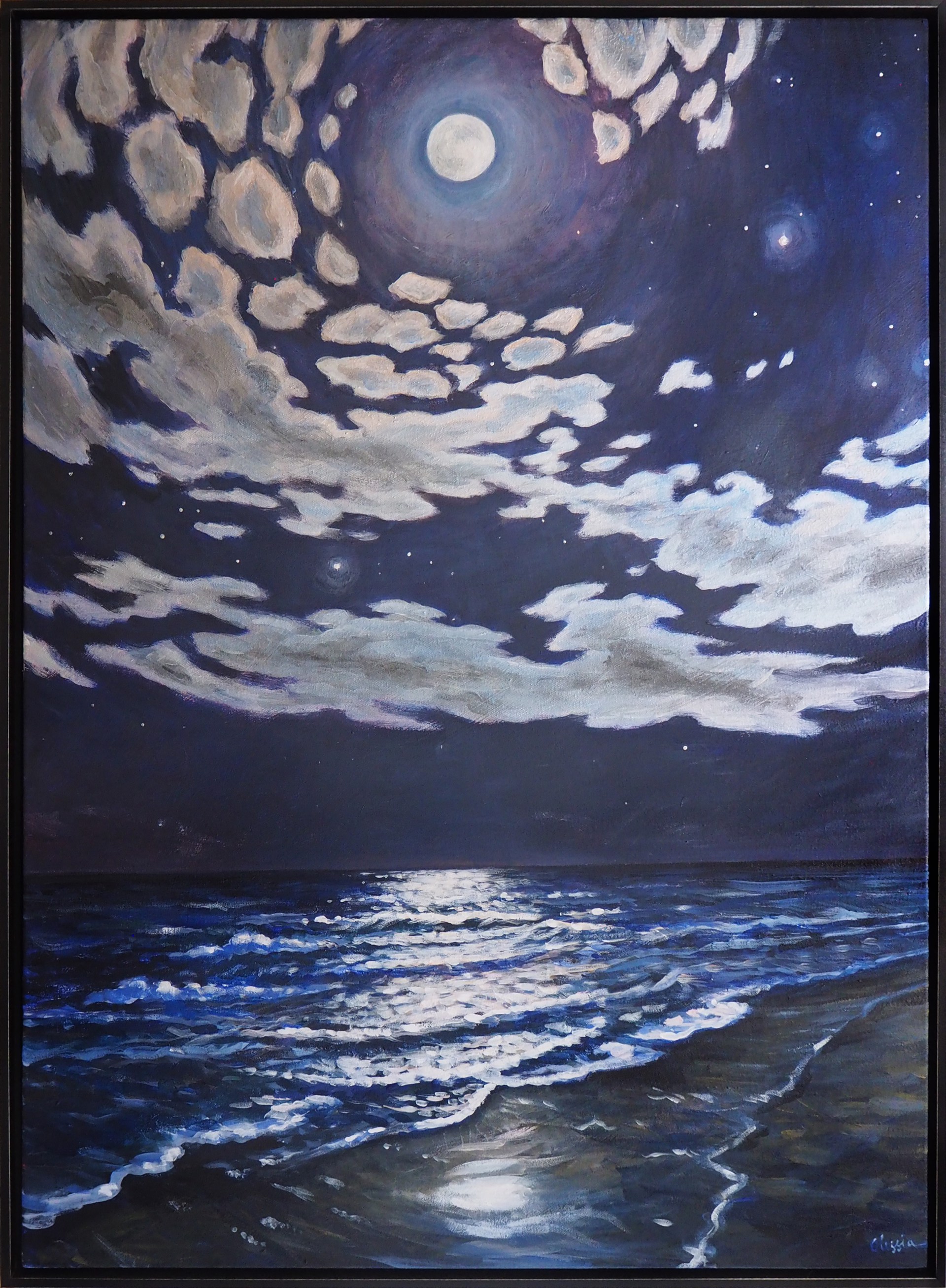 "Folly Moon Folly Tide" original metallic acrylic painting by Olessia Maximenko