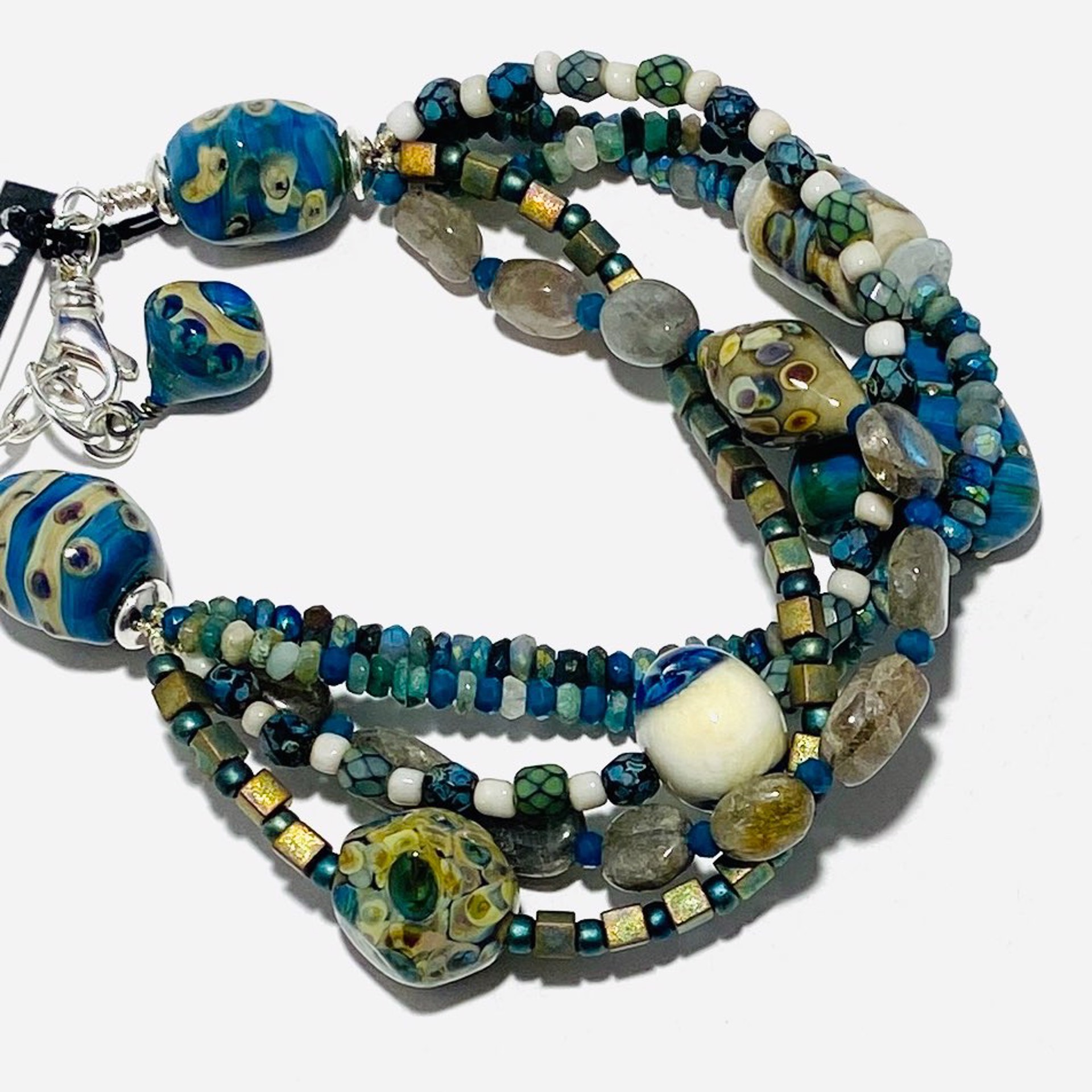 Five Strand Mix Blue-Green and Raku Glass Beads Gemstone Beads Bracelet LS23-21 by Linda Sacra