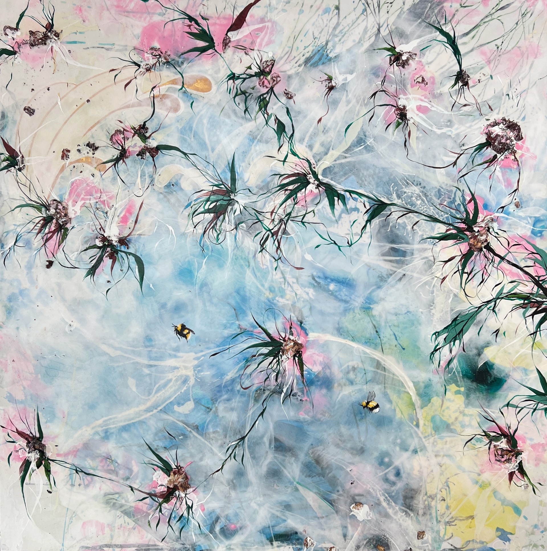 A painting with a blue and white background with black and pink vine-like flowers overtop of it