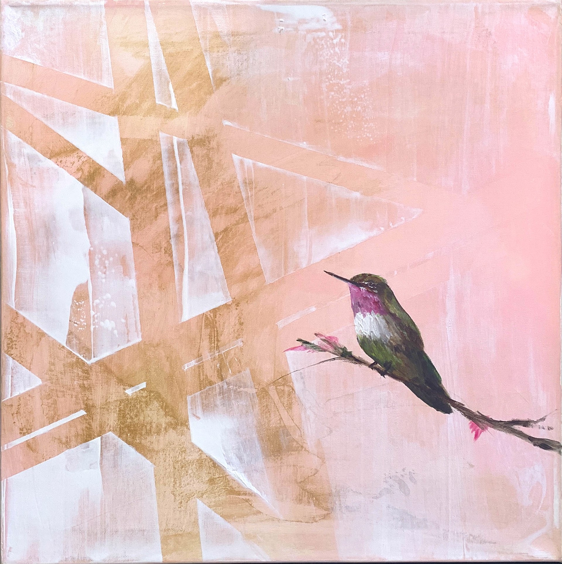 Original Oil Painting Featuring A Hummingbird Seated On A Branch Over Abstract Pink Background With Geometric Pattern