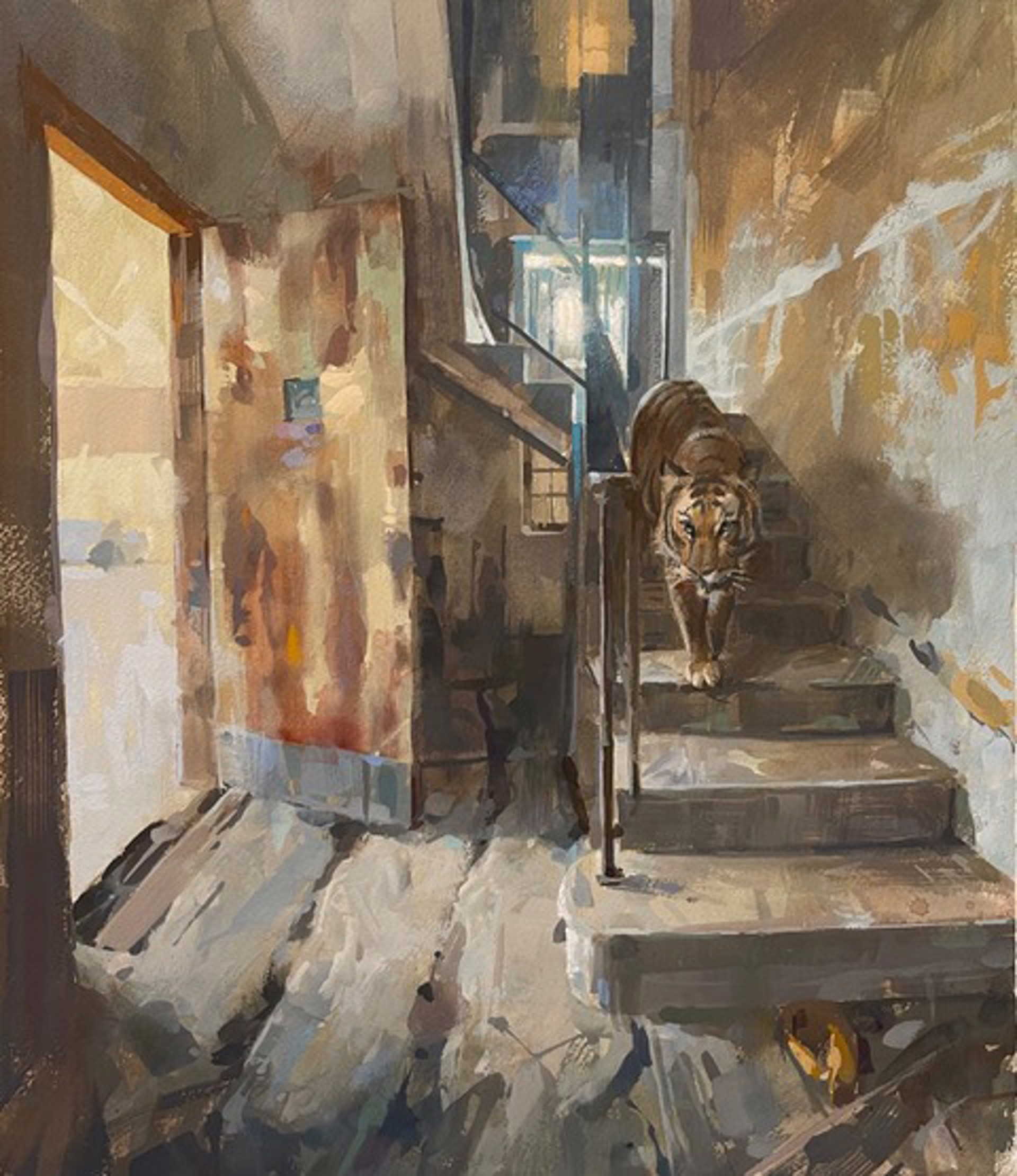 Original Painting By Larry Moore Featuring A Tiger Walking Down An Abandoned Staircase
