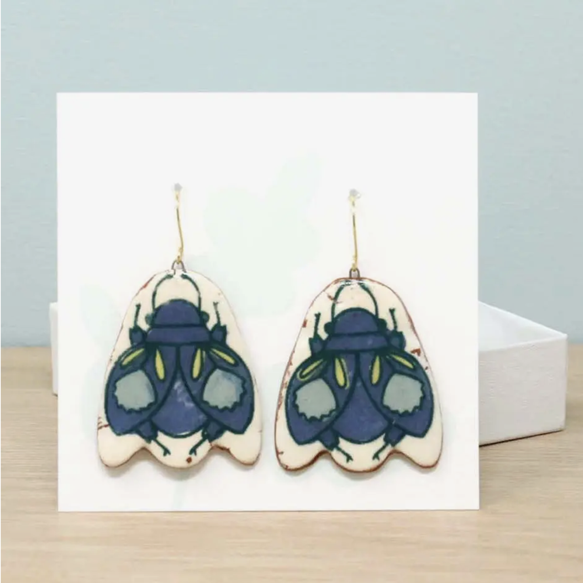Beetle Dangle Earrings Blue by Catie Miller Ceramics