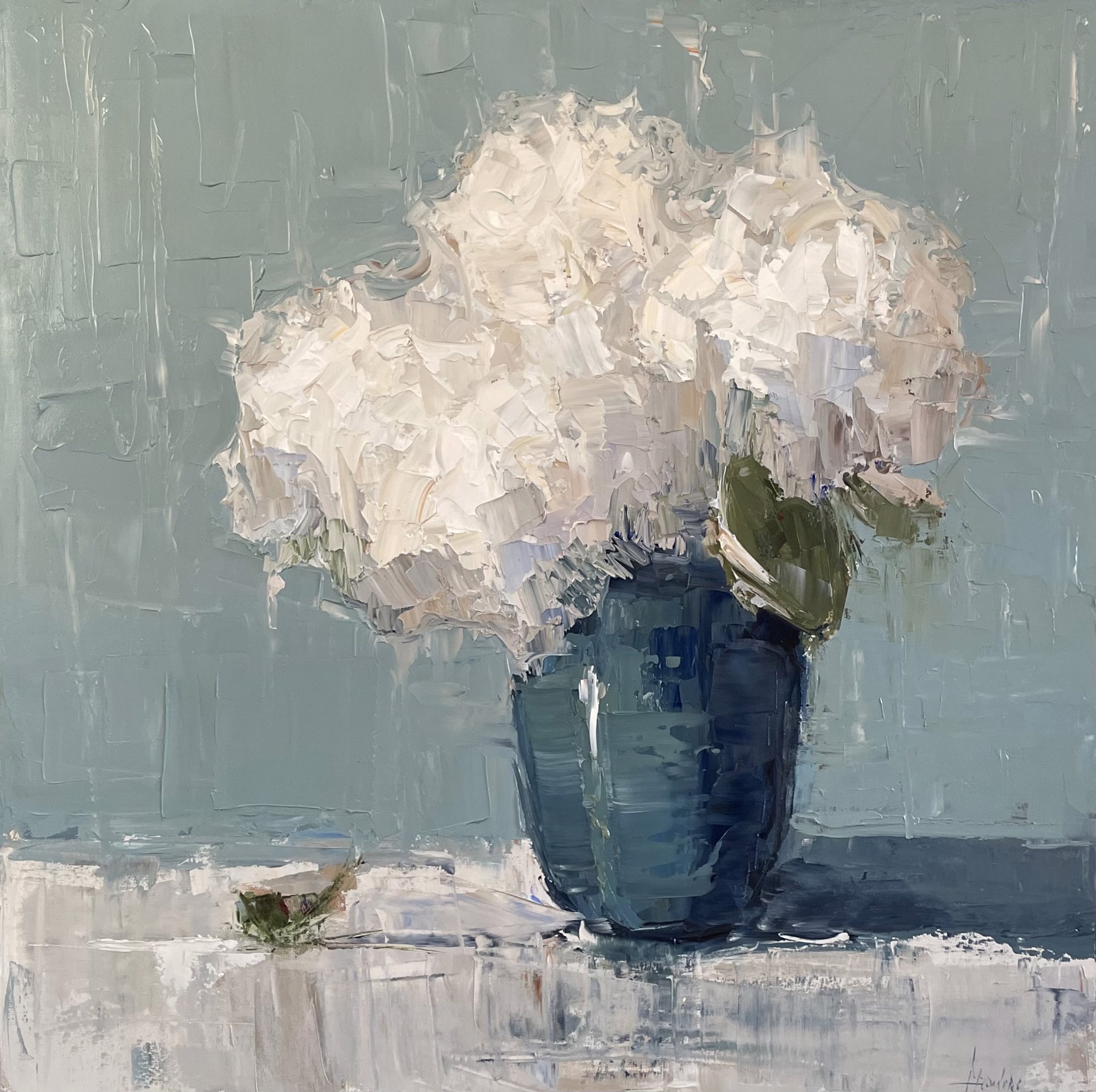 Hydrangeas and Blue Vase {SOLD} by Barbara Flowers