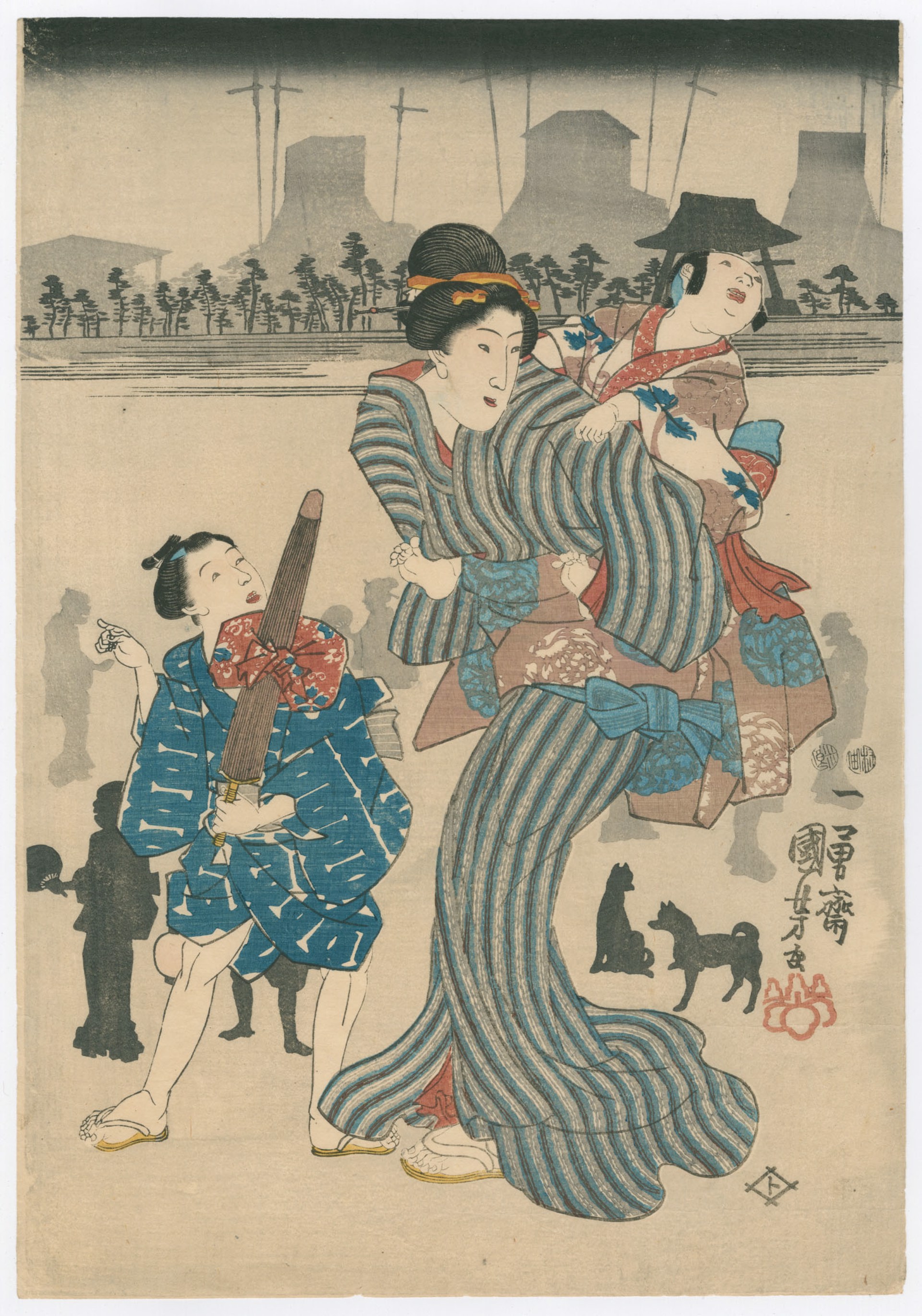 Silhouette Print of Bijin and Children Strolling by Kuniyoshi