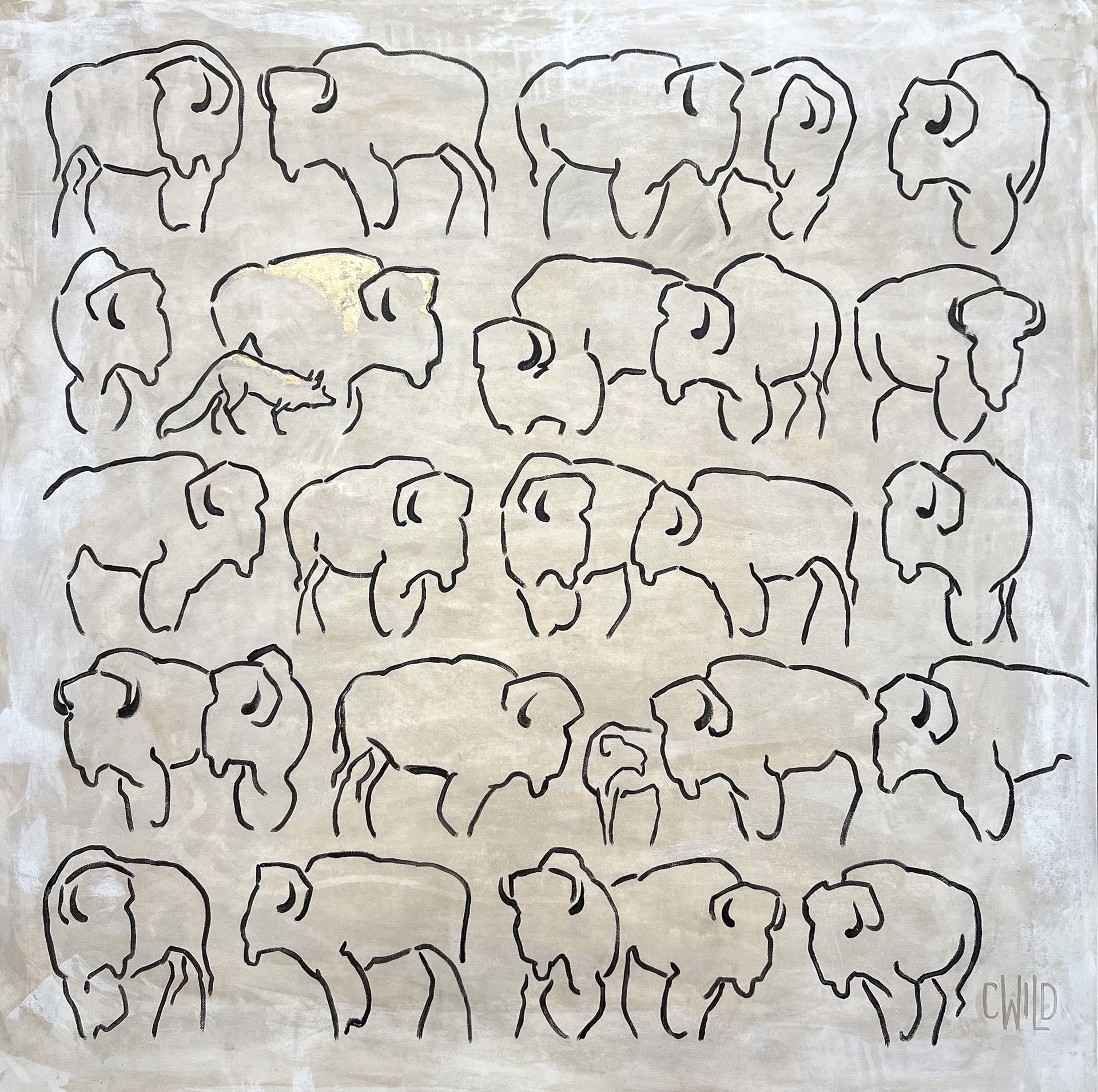 Original Painting Featuring Five Rows Of Line Drawn Bison Silhouettes in Black Over Abstract White And Tan Background With Gold Leaf Detail