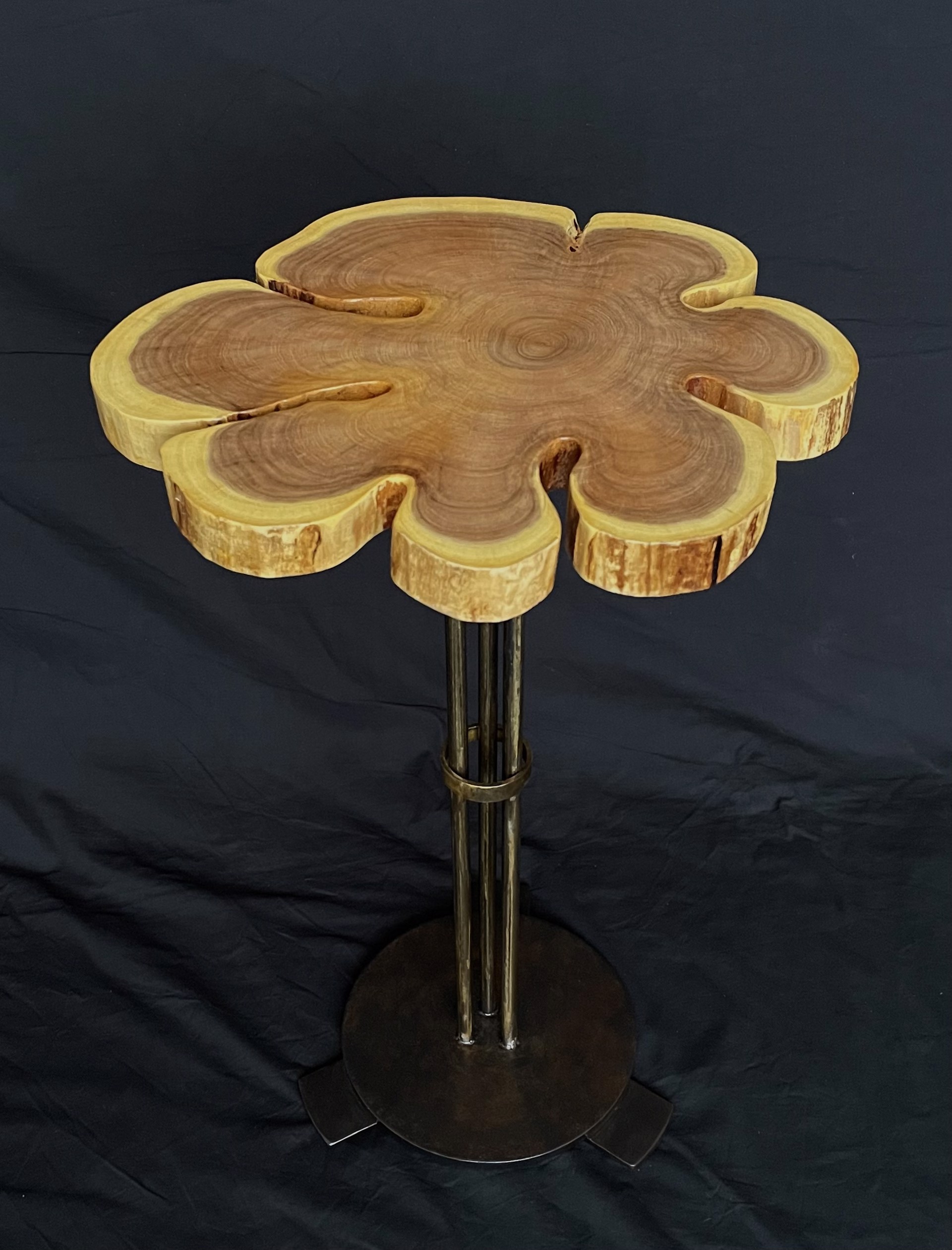 Mesquite Flower Side Table on Steel Base 040523E by Ron Gill