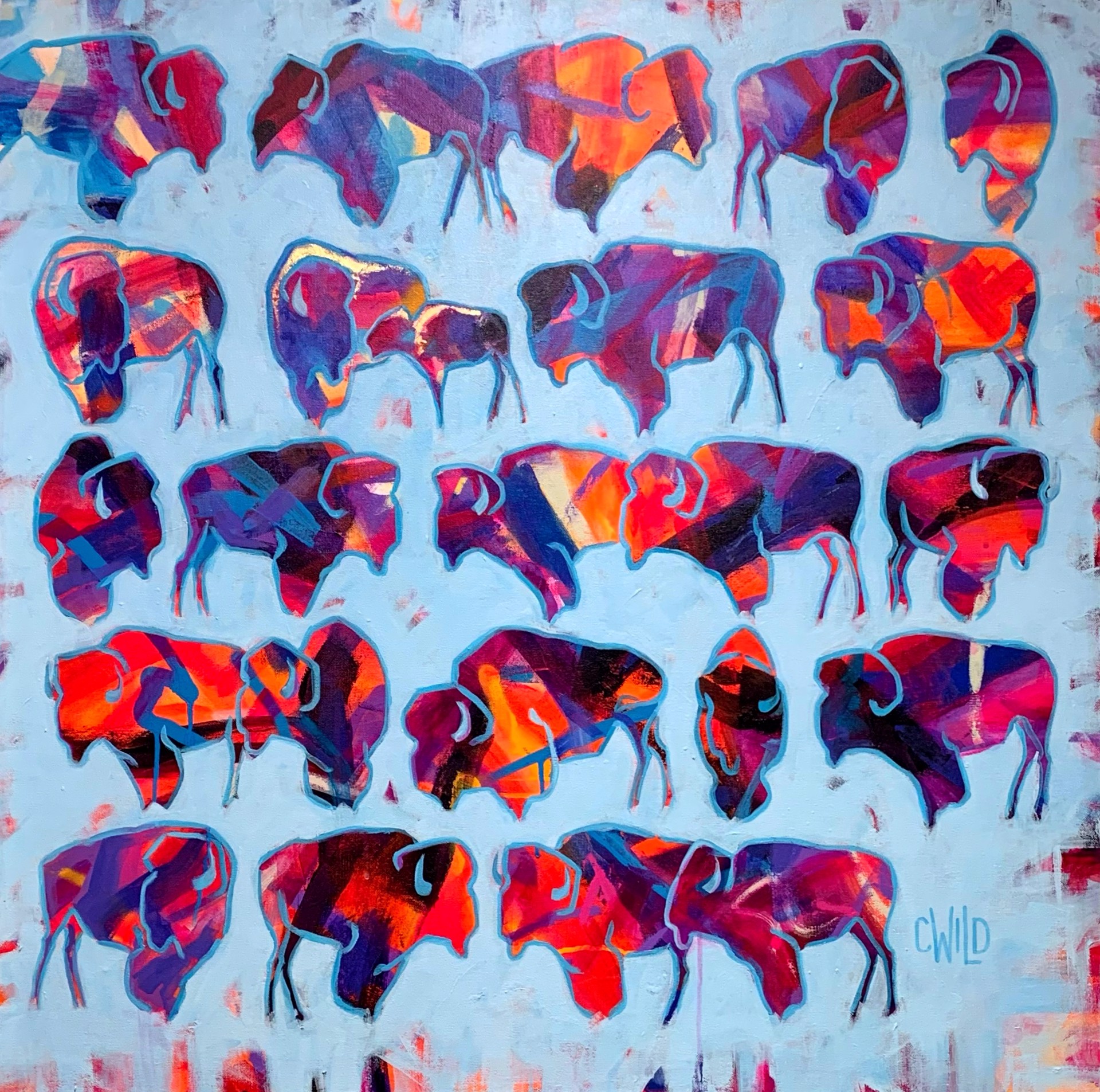 A Contemporary Abstract Of Line Drawings Of Bison With Colorful Paint Filling Them In By Carrie Wild At Gallery Wild