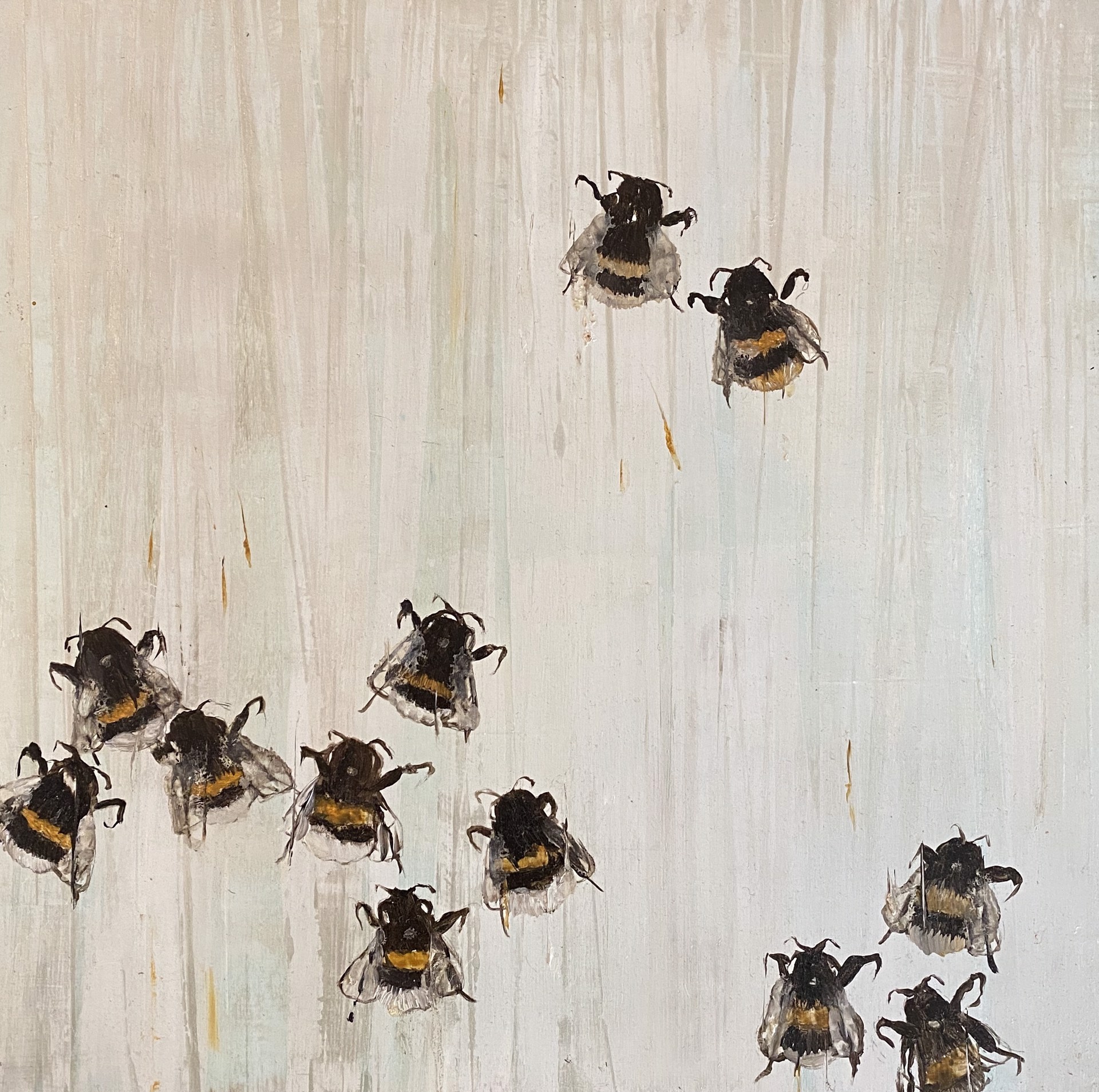 Original Contemporary Oil Painting Of Bees On An Abstract Background Of Silver And Grey, By Jenna Von Benedikt