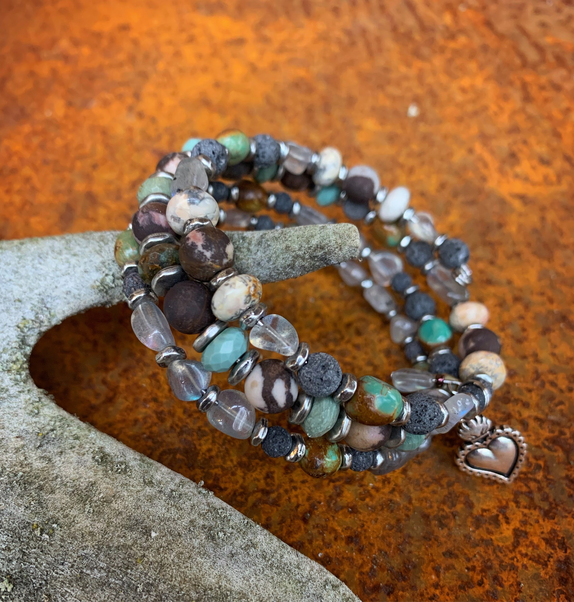 K533 Gray and Turquoise Stone Triple Bracelet by Kelly Ormsby