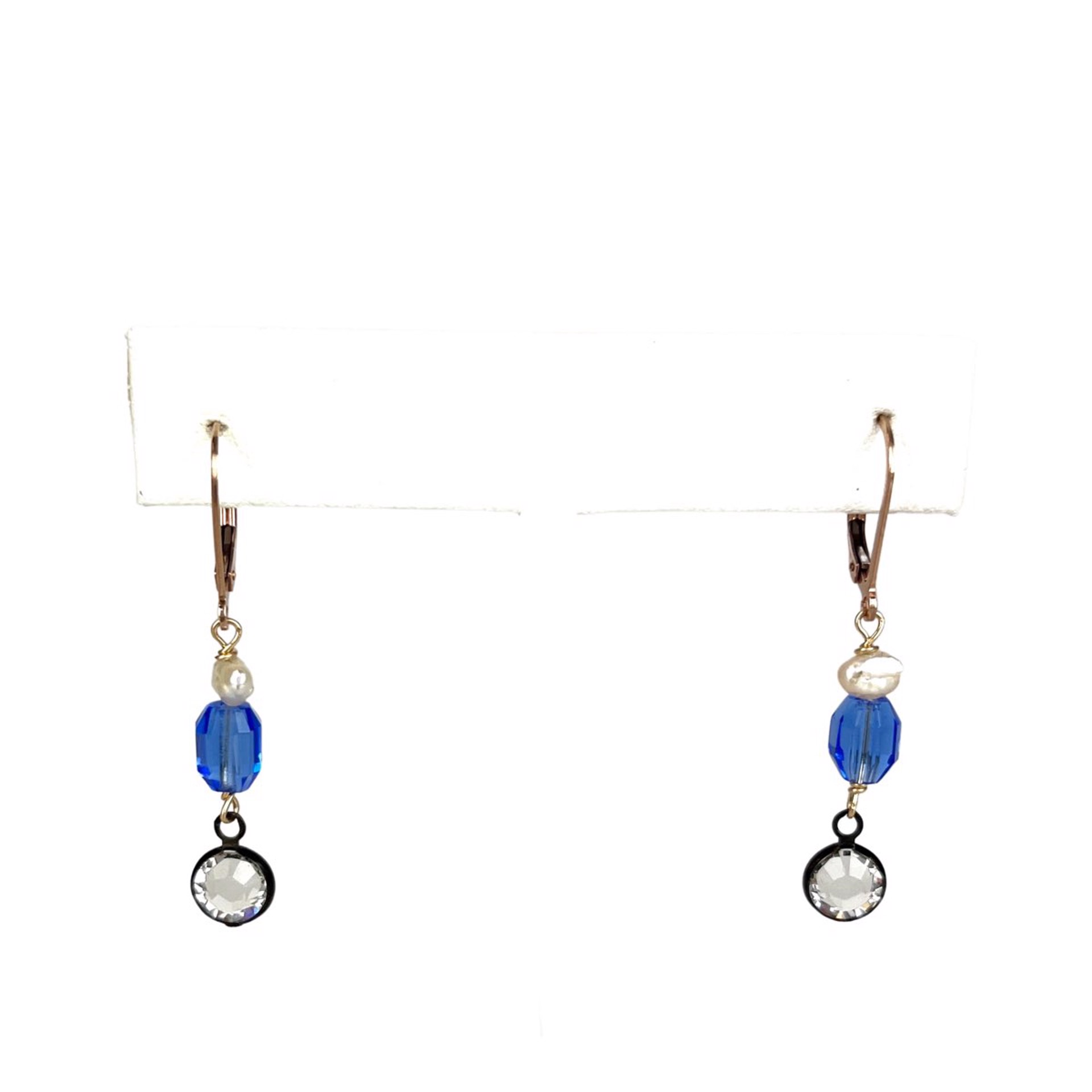Vintage Blue Swarovski, Crystal, Pearl, and Rose Gold Fill Earrings by Nola Smodic