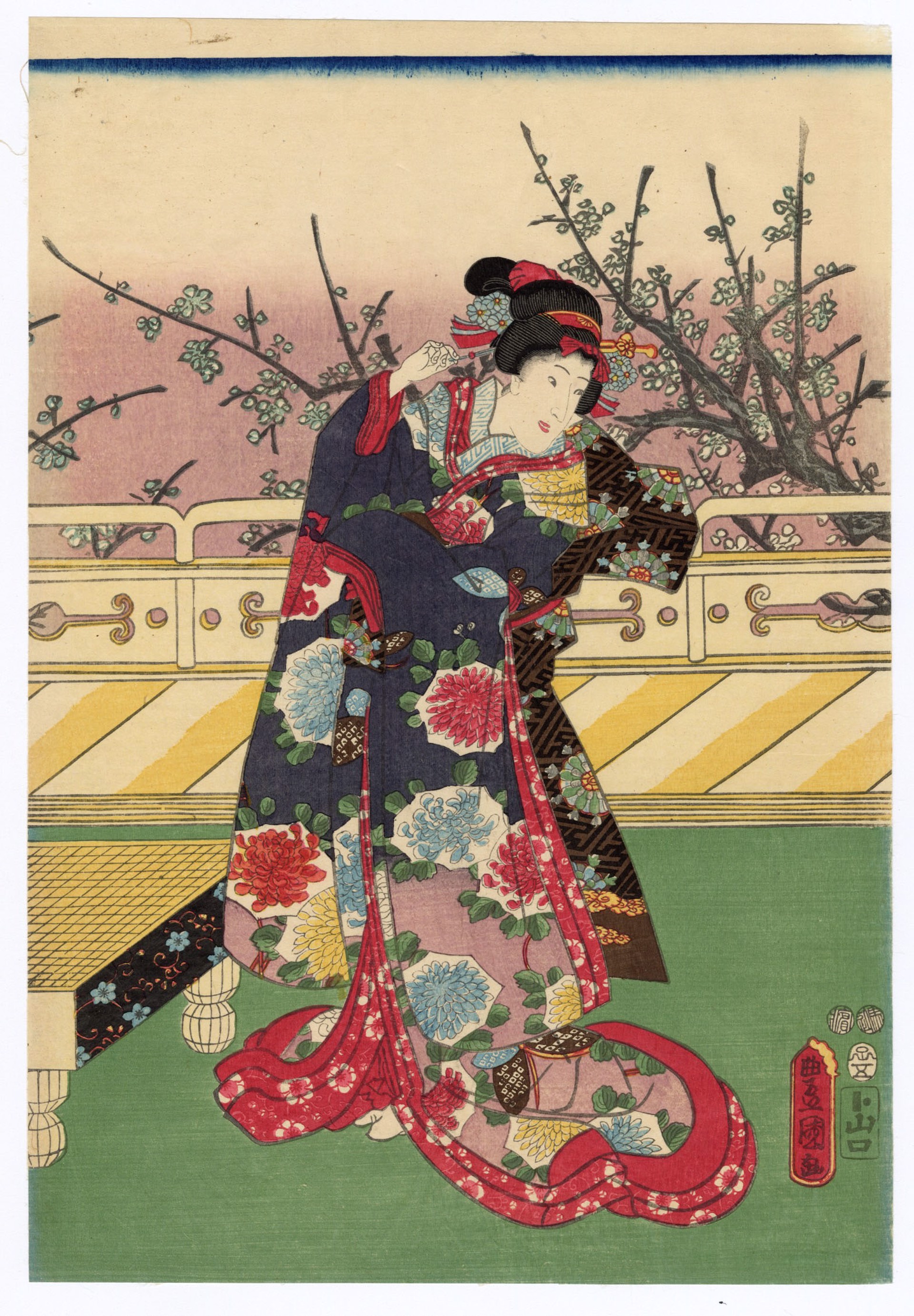 Early Blossoms on rhe Plum Trees in the Garden by Kunisada