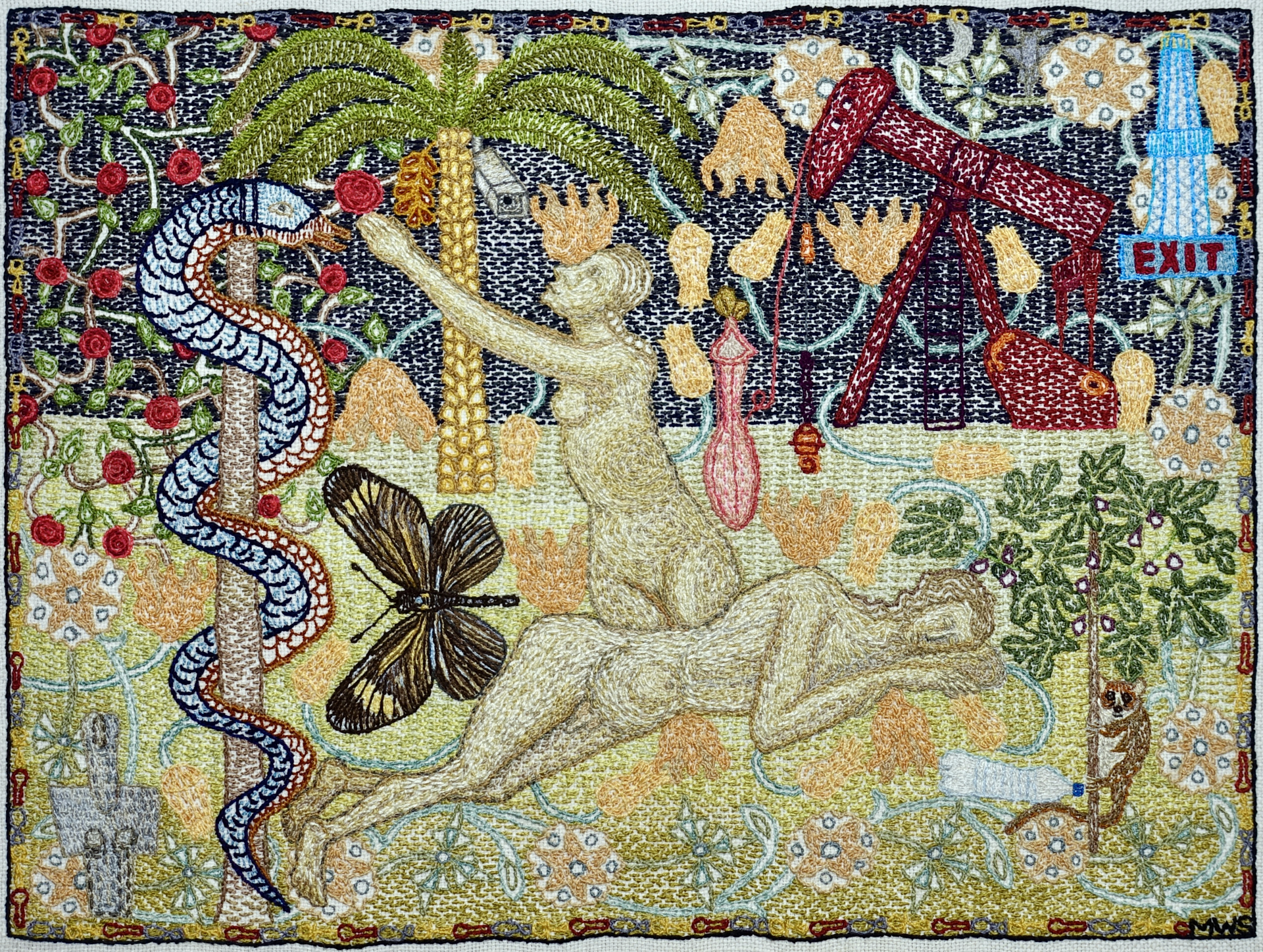 Intricate "stitch-work painting" by artist Martha Shade, depicting Adam and Eve in the garden of Eden, as a contemplation on humanity's relationship with the environment and femininity.