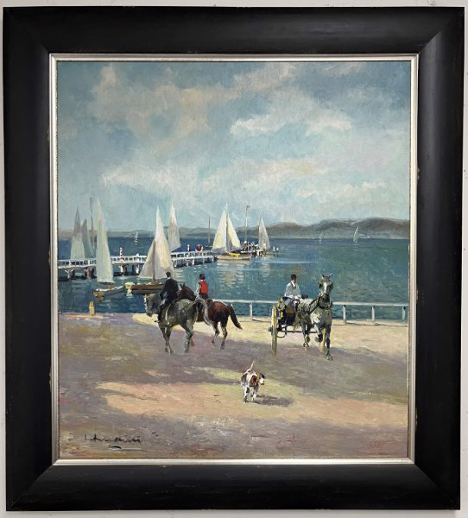 Summer Beach Scene with Horse Drawn Carriage, Horseback Ridders and Dog by Ludwig Gschossmann