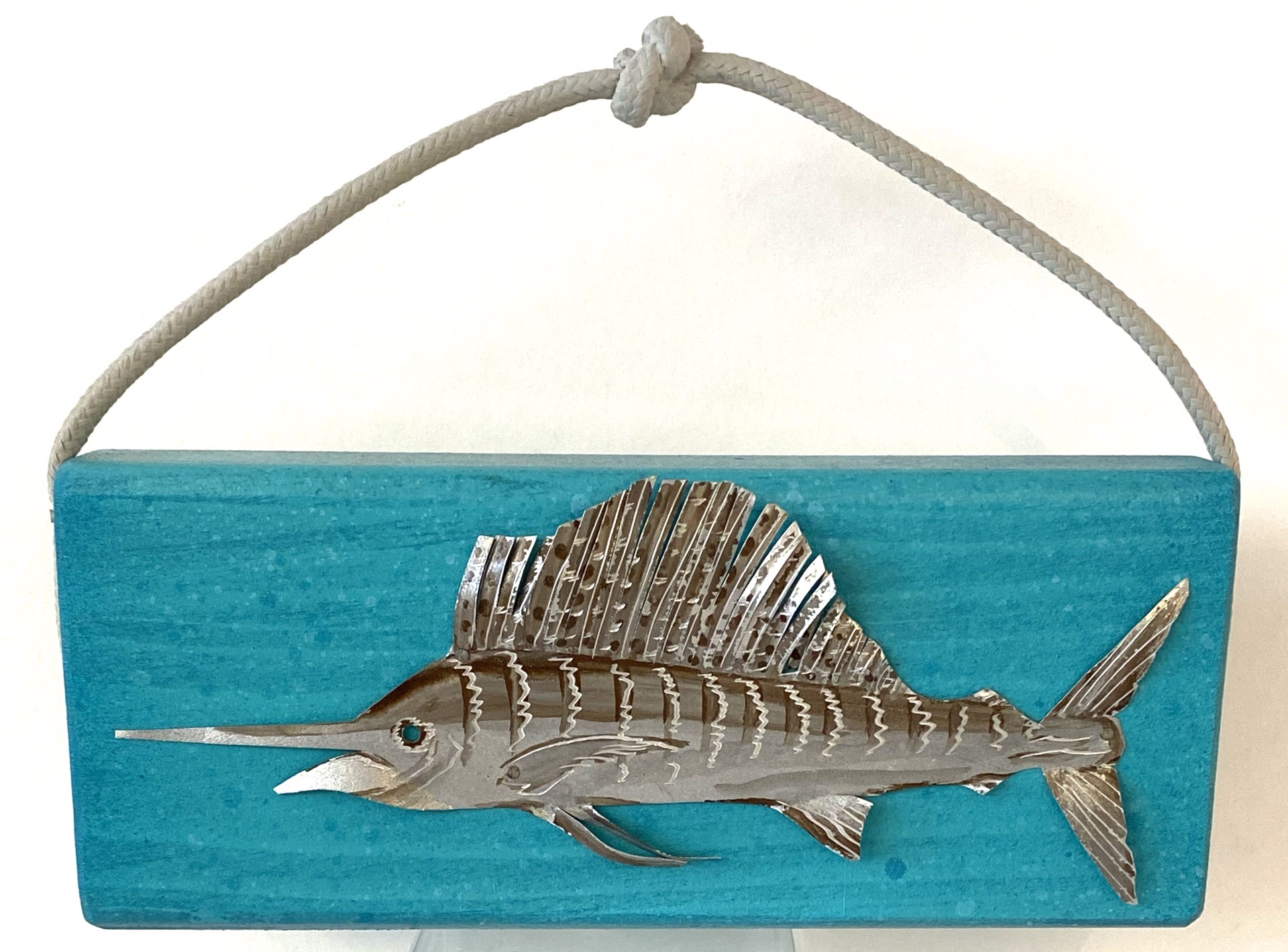 Sailfish on Teal Block with cord, 3c by Jo Watson