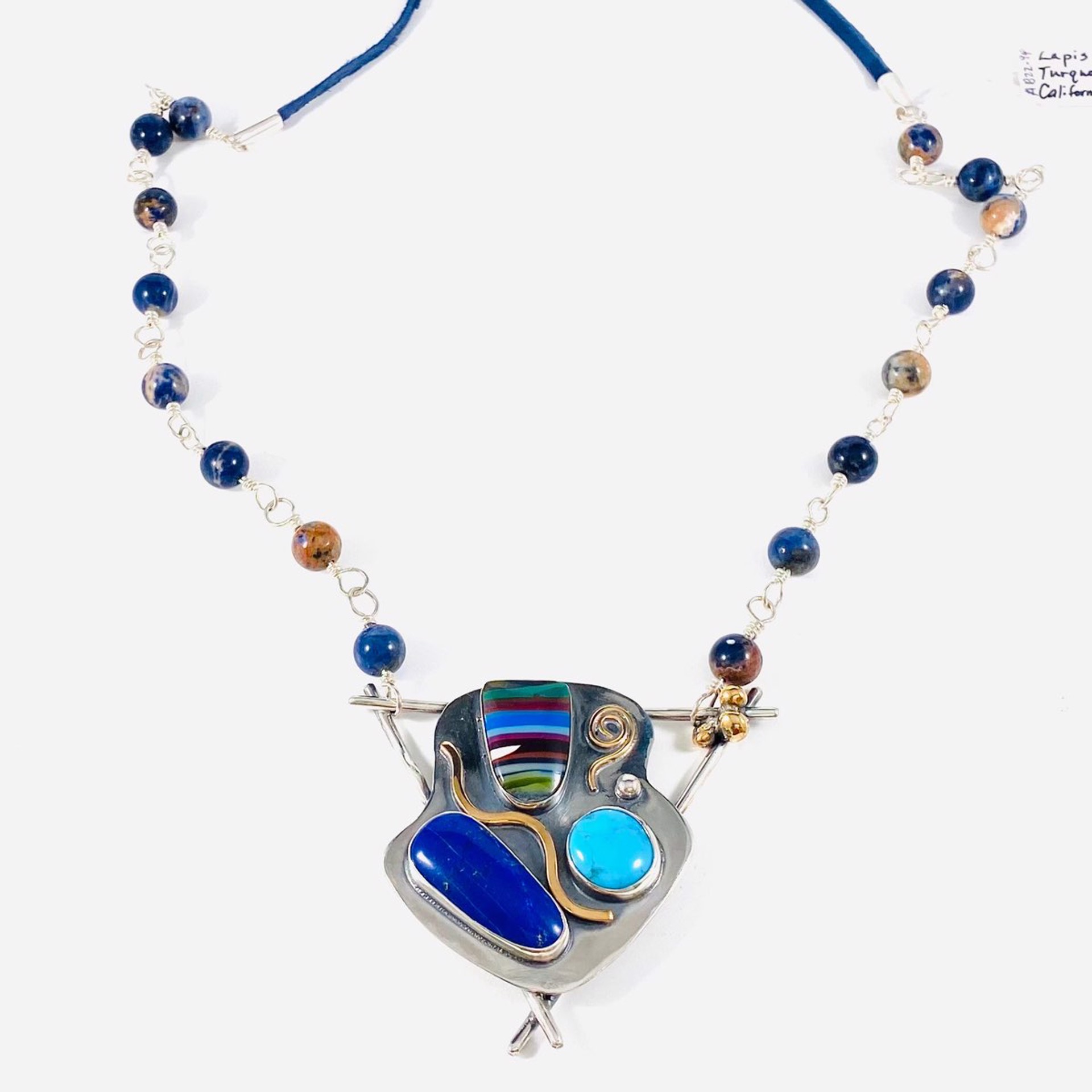 Turquoise, Lapis Lazuli, California Sunset on Freeform Silver with Bronze accent 24"Leather and Gemstone chain Necklace AB23-94 by Anne Bivens