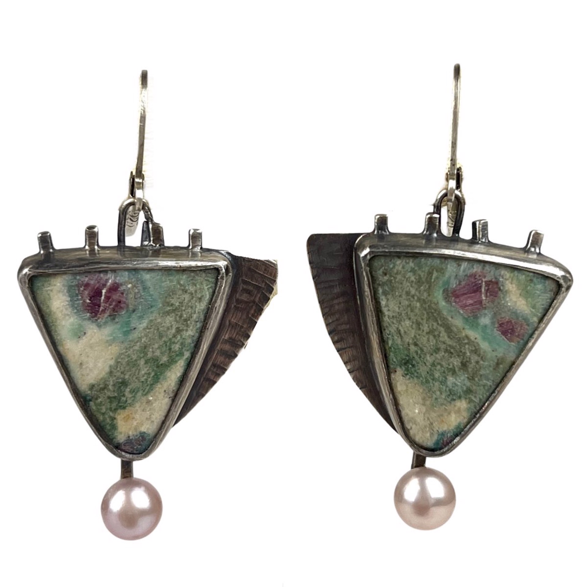 Ruby, Zoisite and Pearl Sterling Silver Earrings by Anne Rob