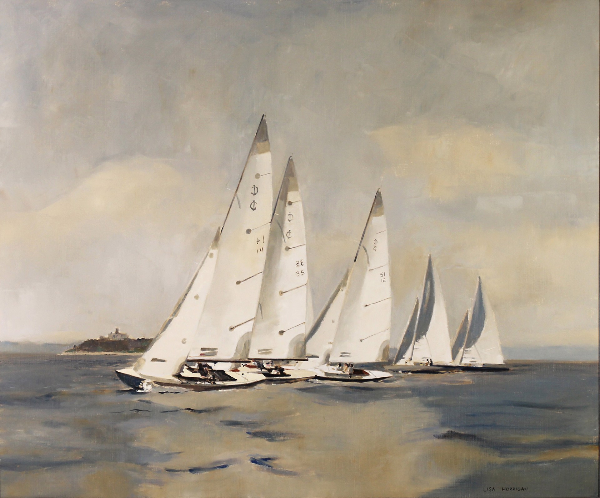 Seascape oil painting of International One Designs sailboats racing