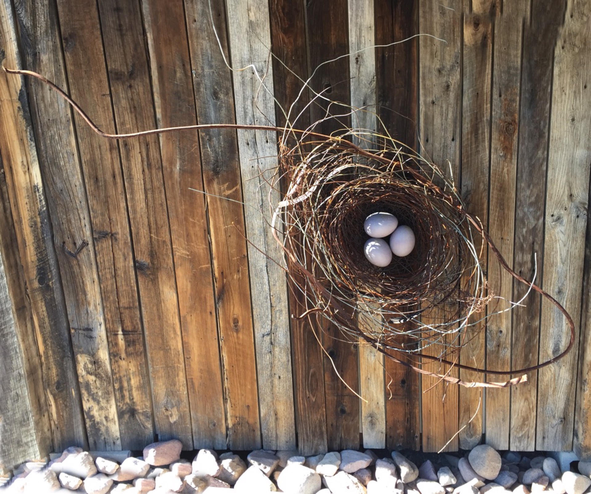 Hand Woven Wire Nest With 3 Light Lavender Ceramic Eggs - 1161 by Phil Lichtenhan