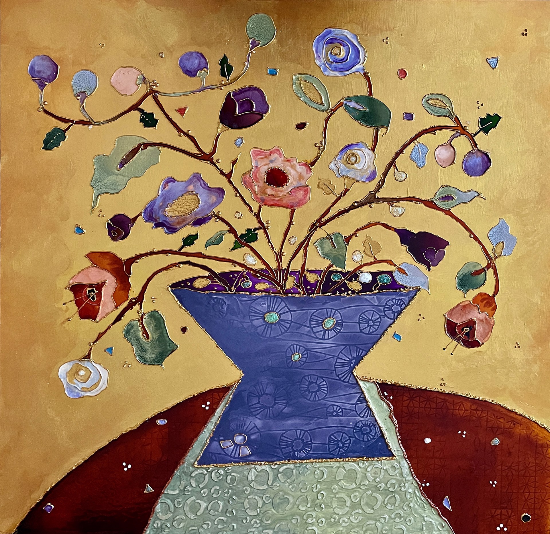 Mixed media on panel floral still life painting Surrounded in Gold III by Genie Appel-Cohen