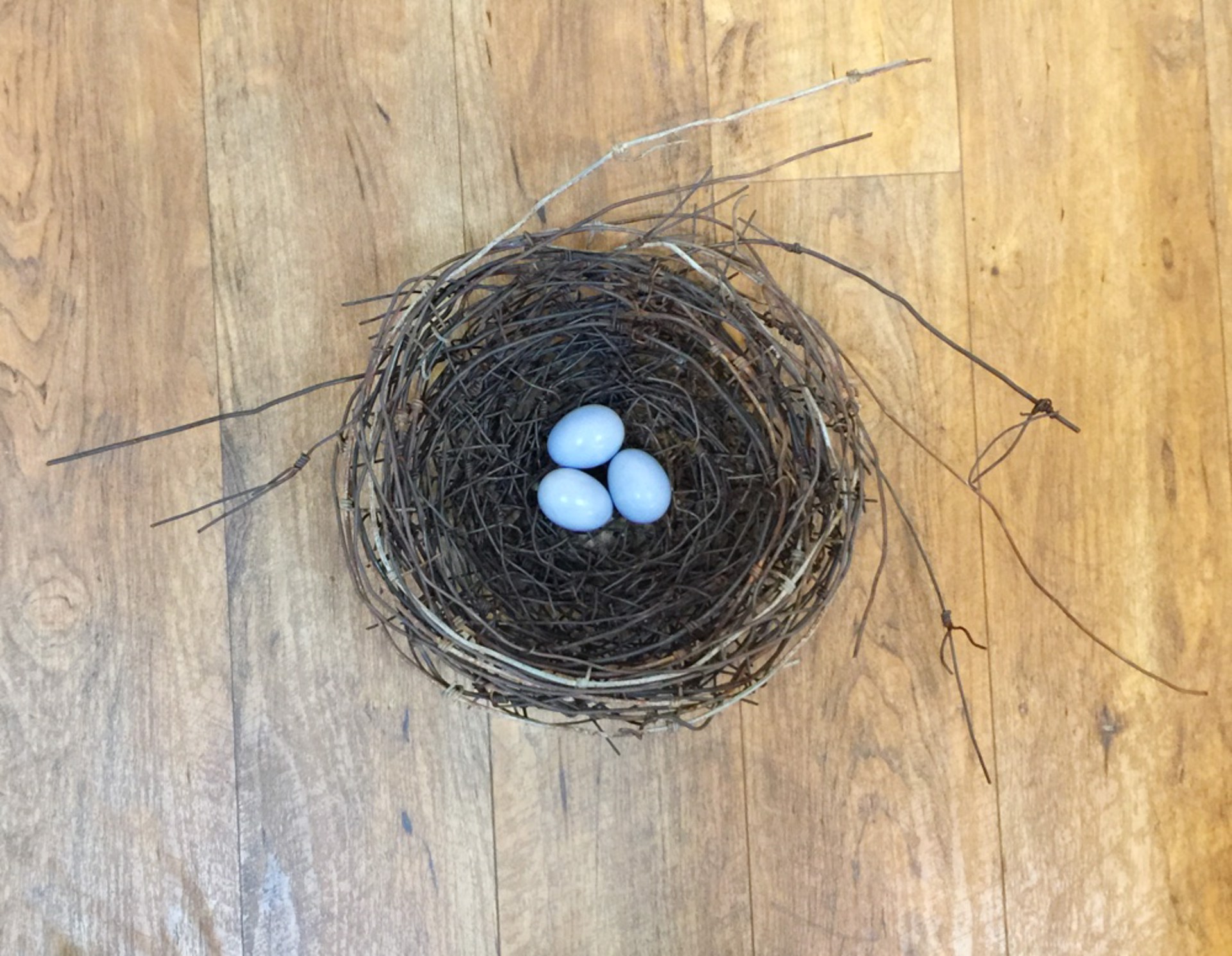 Hand Woven Wire Nest With 3 Light Turquoise Ceramic Eggs - 1336 by Phil Lichtenhan