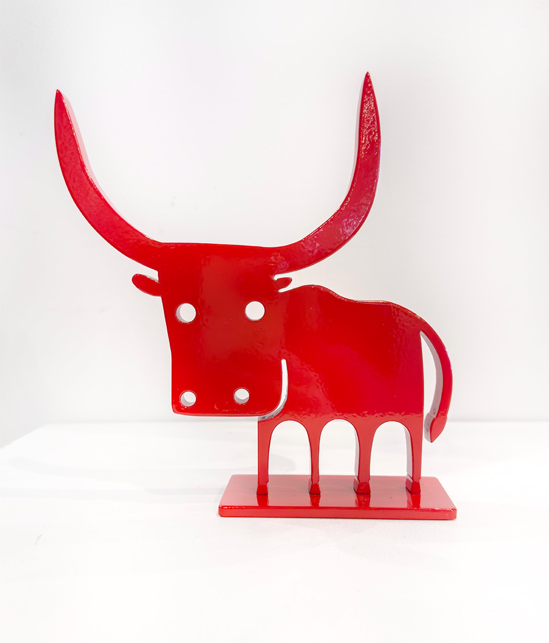 Aluminium Sculpture In Red Featuring A Longhorn Bull